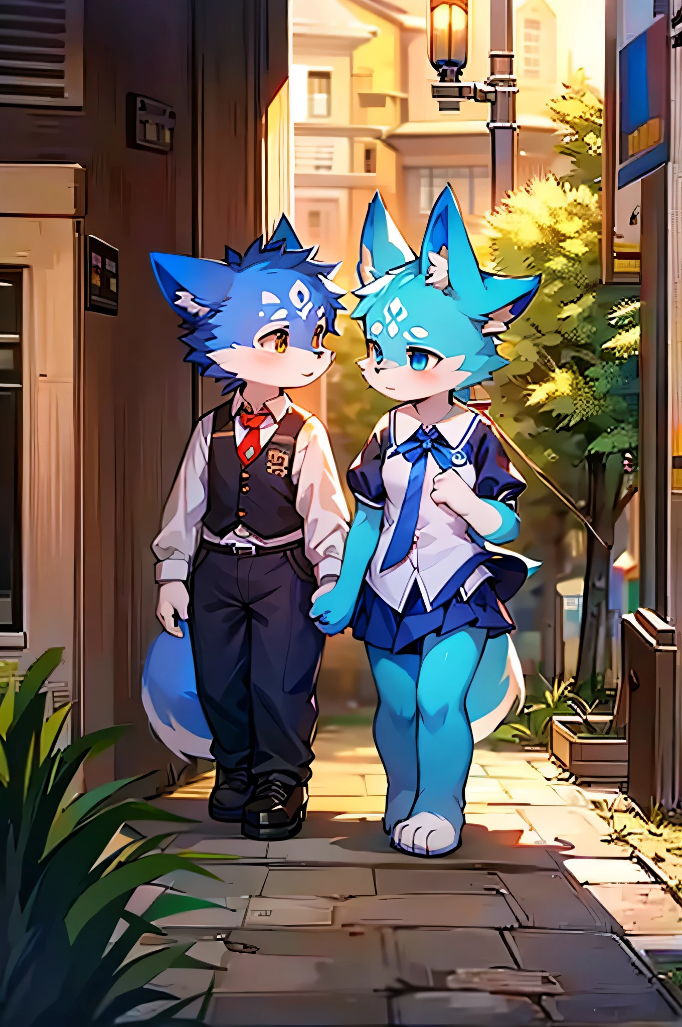 Blue fur, Canine, fox motif, Couple of girls and boys, uniform、Hand in hand，