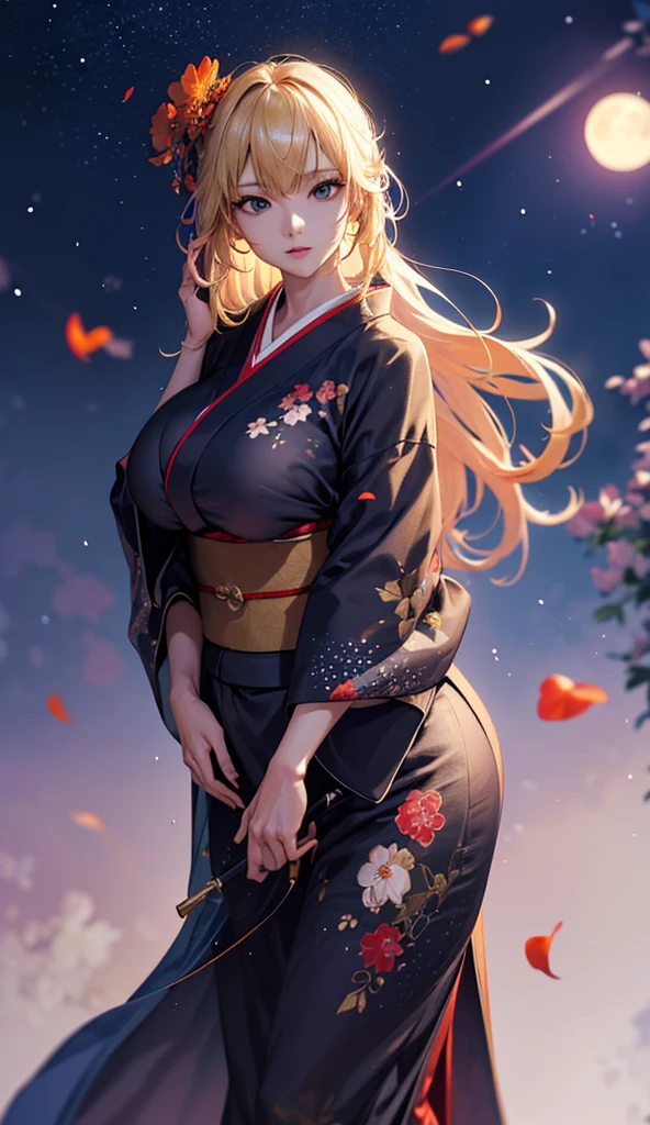 masterpiece, high quality, 4K, Beautiful design, silhouette，blonde， 非常に詳細な夜のStarry Sky,Flower Field， wonderful, Finer details,  Very knowledgeable woman, Highly detailed solo, 1 female,Big Breasts，Red colored kimono，Night view，Starry Sky，full moon，