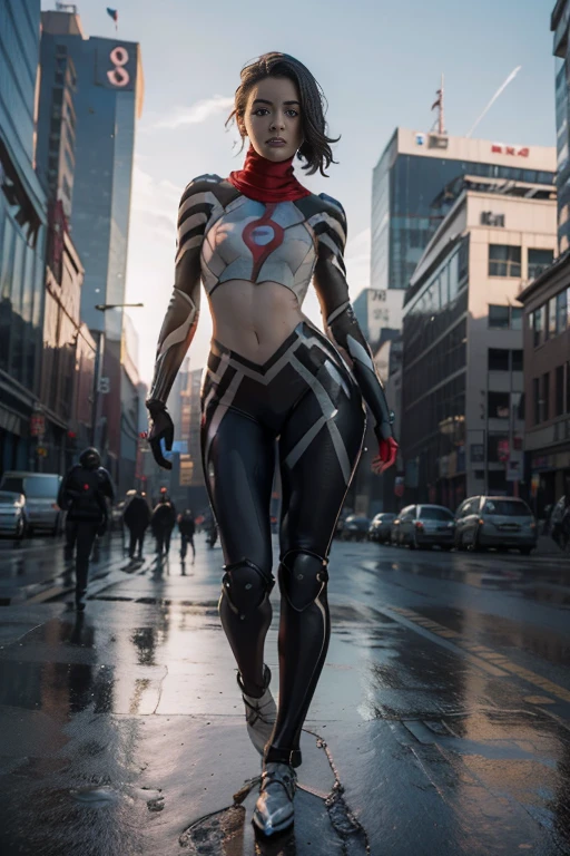 ((masterpiece, 8K, 3D, Realistic, Super Detail)), (1girl:1.3), slender 17 age, Ultra Micro photography, Super realistic, Perfect face, Beautiful features, ((Perfect female body)) Beautiful features, ( body), ((small hips)), Melissa Benoist as Cyberpunk Mech suit ((Exposed thigh)), Exposed Skin, Front Full body Shot, full body portrait, futuristic city background
