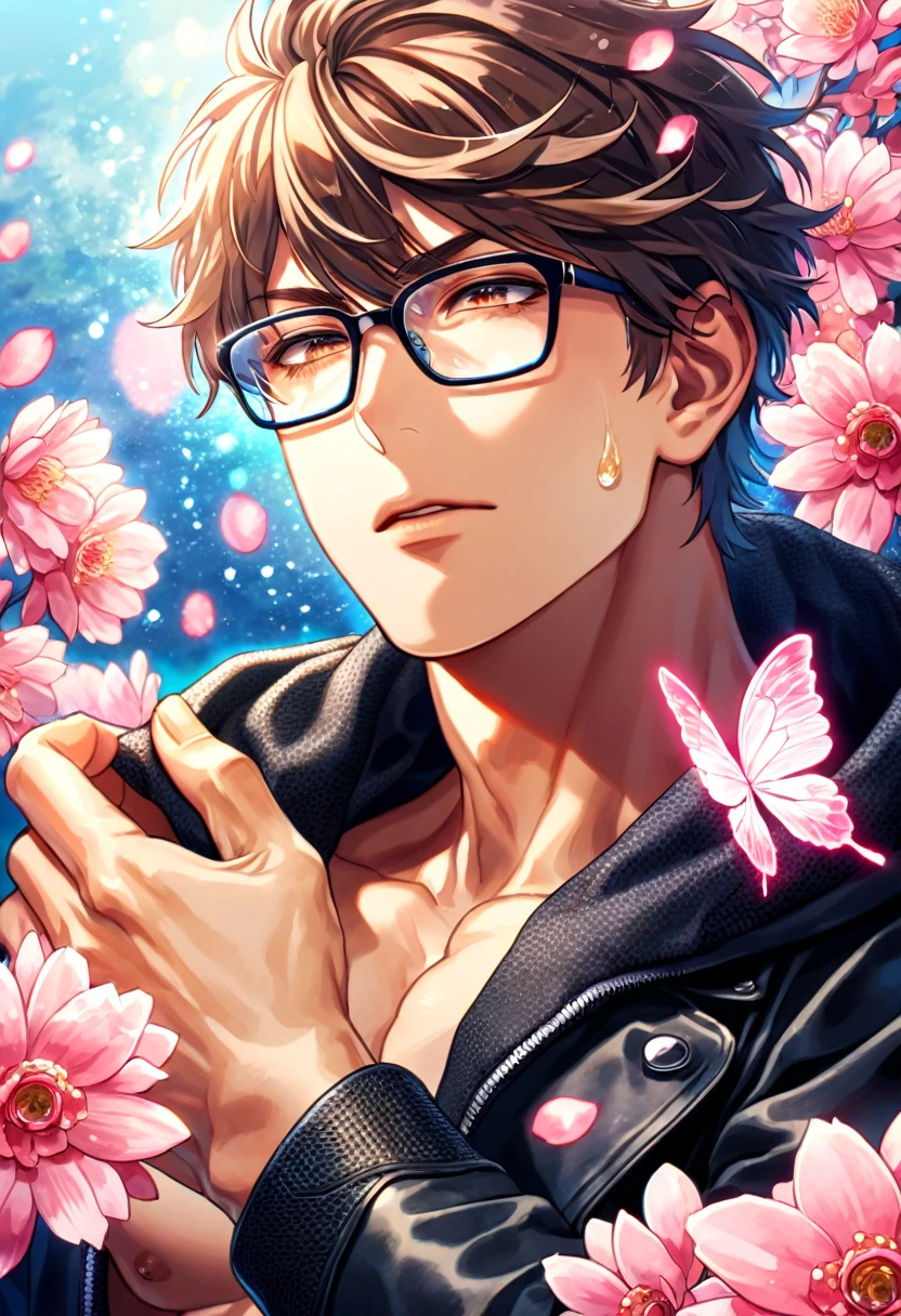 absurdres, highres, ultra detailed, HDR, master piece, best quality, extremely detailed face, delicated features, Miyuki Kazuya, brown hair, messy and windswept, expressive amber eyes, glasses with black frames, Diamond No Ace, solo, sexy man, handsome, toned chest, black hoodie, black leather jacket, water, blossoms, pink flowers, pink butterflies, fantasy, magic, radiant