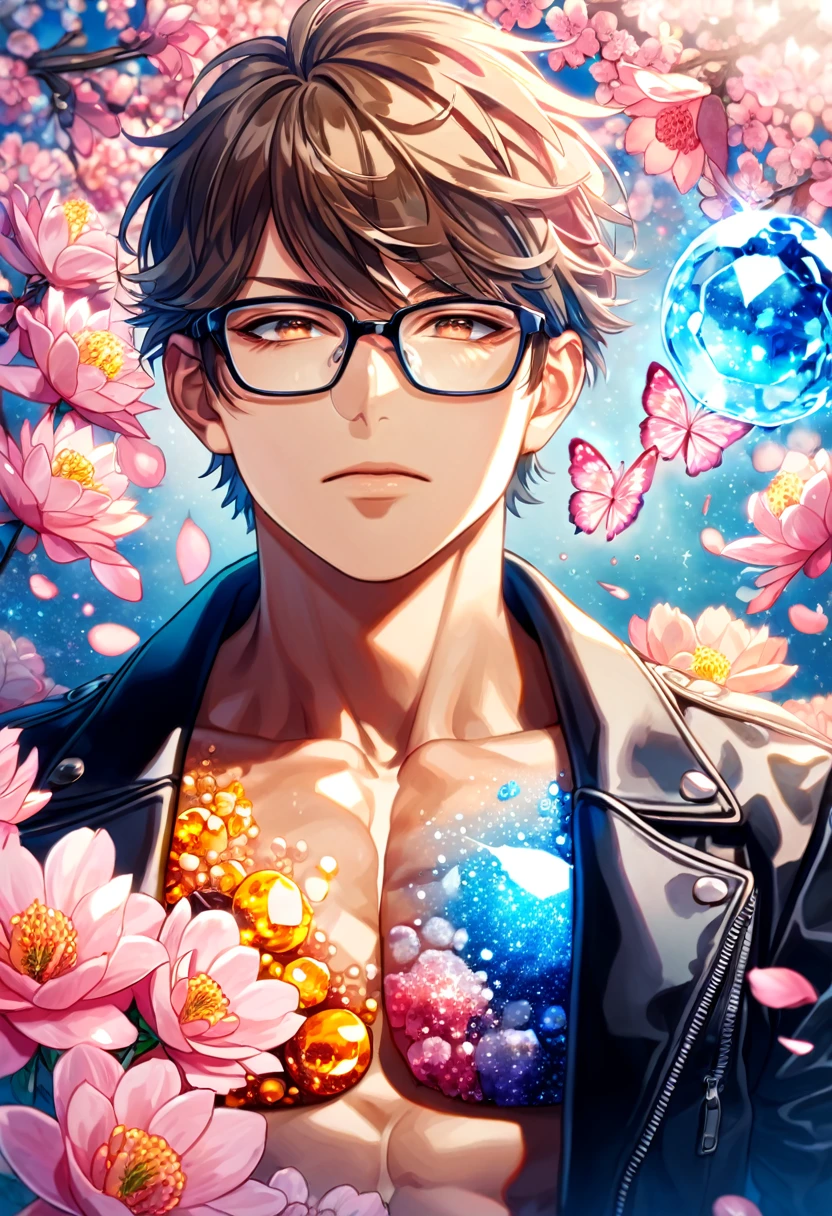 absurdres, highres, ultra detailed, HDR, master piece, best quality, extremely detailed face, delicated features, Miyuki Kazuya, brown hair, messy and windswept, expressive amber eyes, glasses with black frames, Diamond No Ace, solo, sexy man, handsome, toned chest, black hoodie, black leather jacket, water, blossoms, pink flowers, pink butterflies, fantasy, magic, radiant