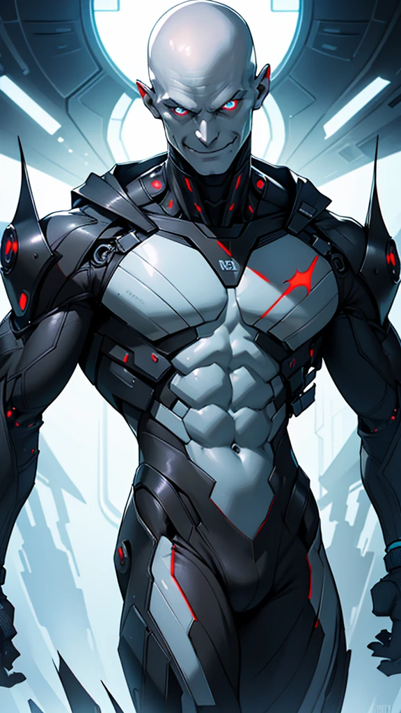 Cybernetic alien with detailed muscles realistic masterpieces full figure pose (best quality,ultra-detailed), pale skin, bald, (evil sinister smile), wearing black mobile cybernetic battle spacesuit