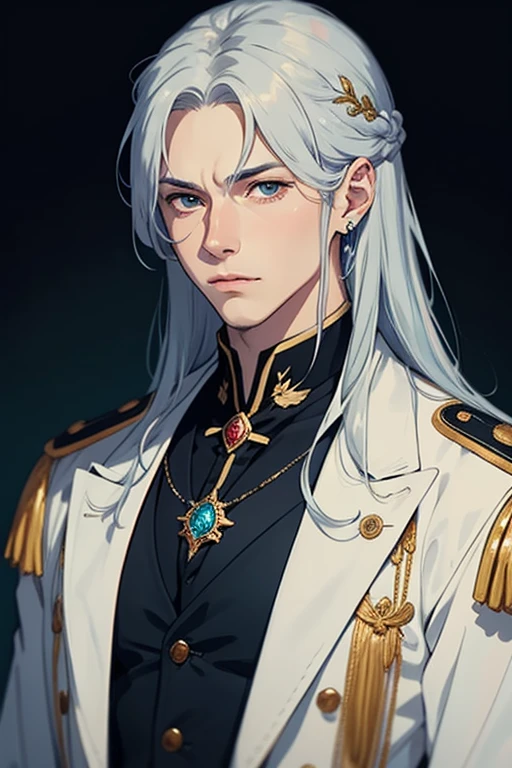 An anime-style adult tall man character with long, silver hair adorned with blue accents and a golden ear accessory, is gazing intently to the side. They are dressed in a detailed, elegant blue and white outfit with a high collar, a blue gem brooch, and intricate design elements. The background is blurred, focusing attention on the character’s expression and attire. Subtitles reading This sentence is nonsense are at the bottom.