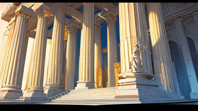 three Greek pillars Doric, Ionic and Corinthian, the three Greek orders,Greek temple background, multiple angles, children's book style, simple, fullcolor, 2D background, with background characters from the era without taking center stage, close-up view of Greek pillars, highly detailed,masterpiece,photorealistic,vibrant colors,warm lighting,classical architecture,classical greek, ornamental pillars, fantasy, conceptart, old time greek
