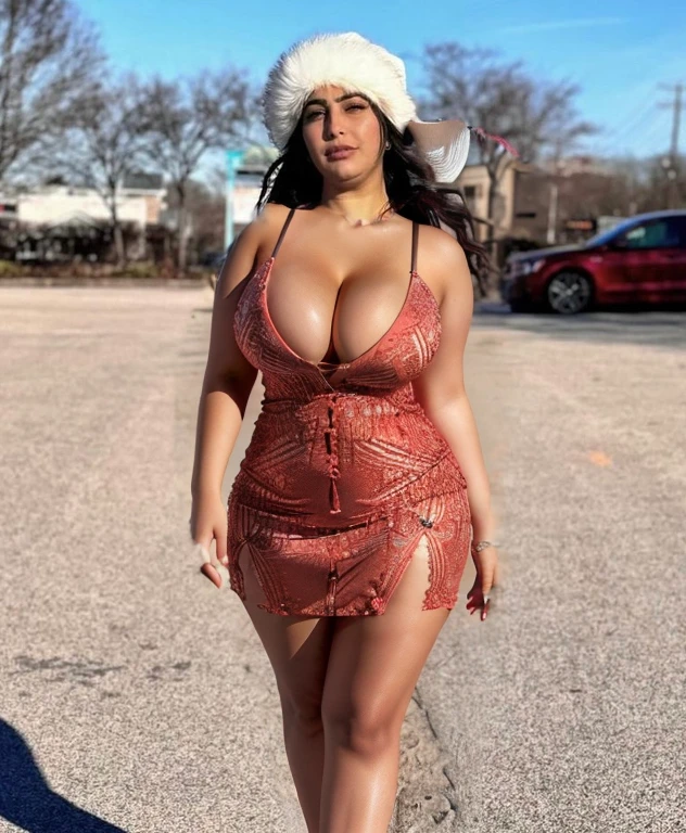 A beautiful detailed Arab woman, curvy figure, v-neck cut summer button up dress, short dress, cleavage, low cut top, big cleavage, long legs, exposed upper thighs, natural breasts, photorealistic, 8k, hyperdetailed, high quality, cinematic lighting, elegant, fashion photography