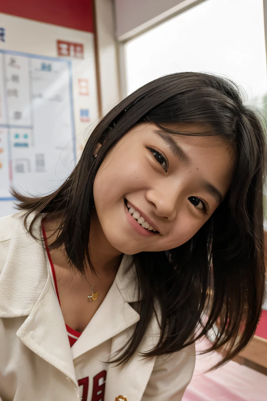 a 12 year old chinese, sin tetas con una chaqueta de un colegio,con pelo largo y chasquiya negro, con el pulgar derecho lebantado y con una sonrisa en un colegio