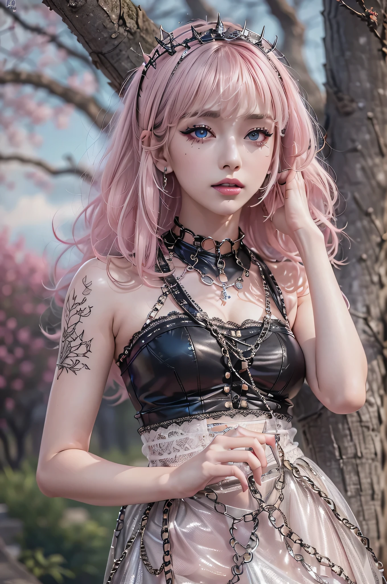 photorealistic Realism 16K Quality, (super quality details in realistic texture: skin, hair), ((Ultra high-res Realistic eyes, clear sharp, not blurry, absurd quality details:1.25)), (([eyes|eyeshadows]:[brown|pink])), ((portrait)), a cute 1model:1.4 24yo, (depth of field), ((anatomically correct)), ((perfect proportions)), dslr, best high quality soft lighting, sharp focus captured by Fujifilm XT3, f 5.6, in a dramatic lighting, ((perfect composition)), ((pale skin)), (dry skin), sexy stylish Swedish model, only 1 female, ((doll-like appearance)), long neon pink stylish hair, ((shiny Punk-Style boots)), (big smile), (close up of her face), Punk makeup, lipgloss, ((sexy Punk ta cosplay)), unconventional skirt, petticoats, high neckline, ((ultra detailed lace)), ((ultra detailed embroidery)), intricate details, tartan patterns, (silver chains), (silver spikes), (safety pins), Punk Loliccessoires, Punk Lolita cr, ((large sparkling Punk Lolita jewel, cinematic light, detailed large park background with trees 