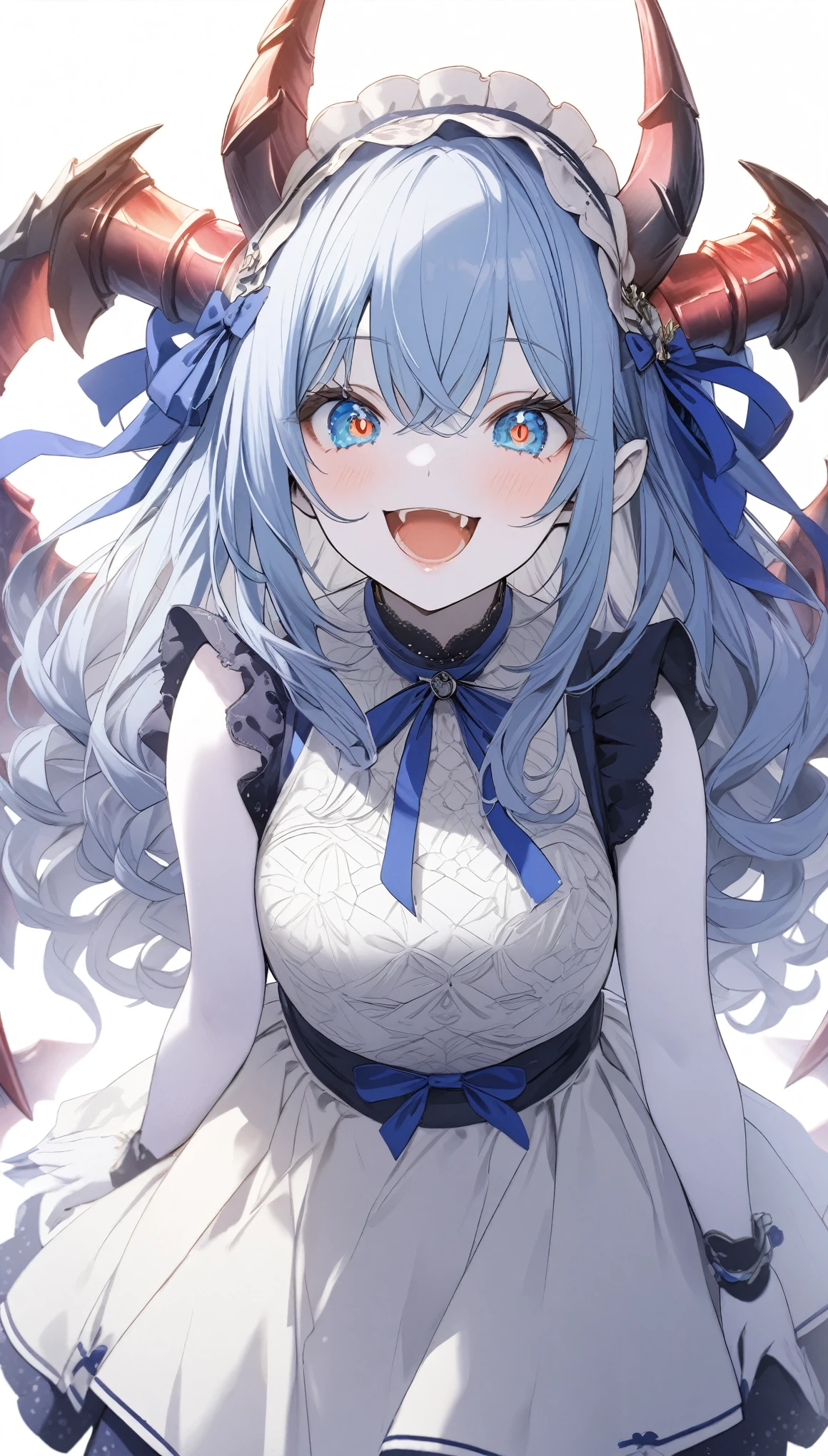 score_9, score_8_up, score_7_up, best quality ,masterpiece, 4k, Japanese anime, 1girl, (white skin:1.2), navy blue hair, medium length hair, blue ribbon, drill hair, wavy hair, (mechanical dragonhorn:1.5), (mechanical wing:1.2), (eye lashes:1.3), (eye shadow:1.3), blue eyes, (beautiful detailed eyes:1.4), laugh, 130cm tall, original character, fantasy, (white background:1.2), (full body:1.8), beautiful fingers, standing, (red black lace frill armor dress:1.5), (mechanical headdress:1.5) , shoot from front, looking at viewer  , 