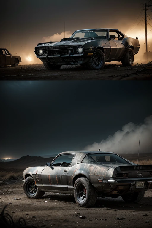 a car, a camaro, mad max style, post apocalyptic, dystopian, gritty, weathered, scratched, rusty, chrome details, neon lights, glowing details, cyberpunk, futuristic, cinematic lighting, dramatic shadows, moody atmosphere, desaturated colors, grunge, rough textures, battle-worn, dust and dirt, extreme detail, hyper realistic, 8k, photorealistic
