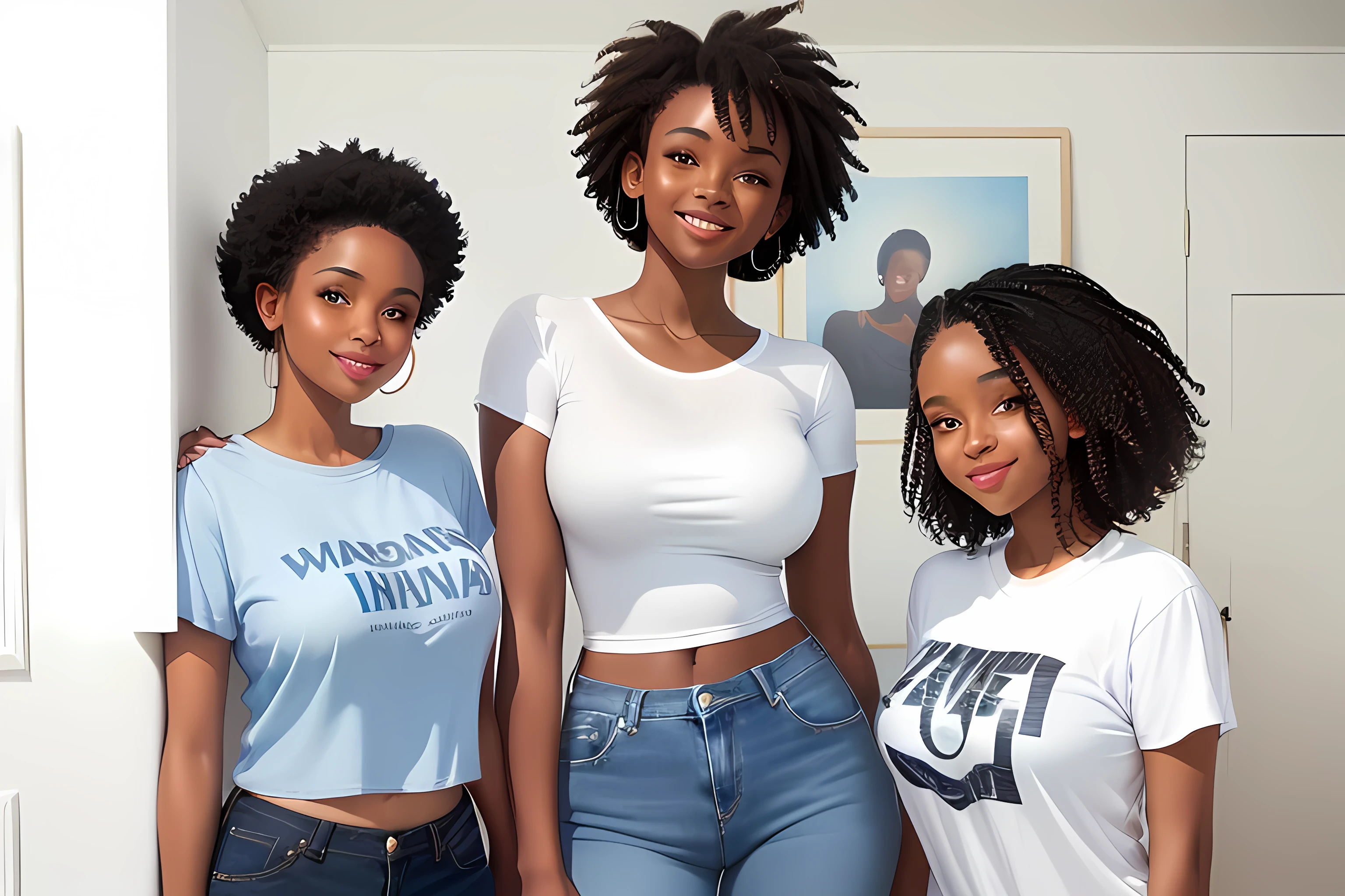 smiling woman in white shirt and jeans posing for a picture, dressed in a white t shirt, dressed in a white t-shirt, wearing a shirt and a jean, white shirt and blue jeans, photo of a black woman, jeans and t shirt, young black woman, white shirt and jeans, dark short curly hair smiling, confident relaxed pose, black young woman