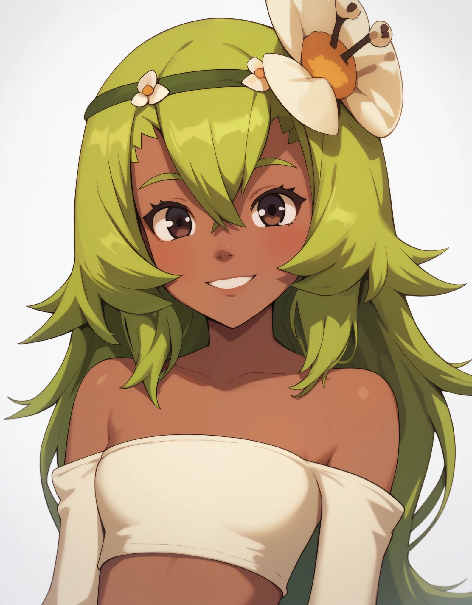 score_9, score_8_up, score_7_up, score_6_up, BREAK, source_cartoon, source_anime, 1girl, amaliayoung, amalia sheran sharm,, green hair, long hair, hair flower, dark skin, bare shoulders, tube top, upper body, smile, looking at viewer, solo, simple background