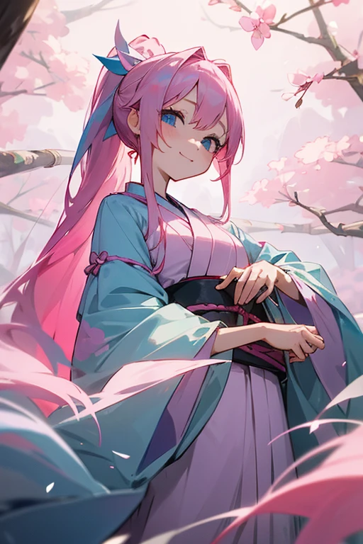 Sister Character、Pink Hair、Tied in a ponytail、delicate、masterpiece、cute、A seductive smile、Japanese、Clothes、beautiful、Full Color、chest、From below、Focus on the eyes、Long Hair、woman、young、Pale, gentle blue eyes、Sister Character、Not a kimono、Snazzy、Clothes、chestは大きめ