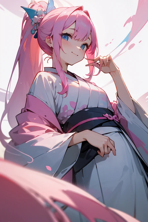 Sister Character、Pink Hair、Tied in a ponytail、delicate、masterpiece、cute、A seductive smile、Japanese、Clothes、beautiful、Full Color、chest、From below、Focus on the eyes、Long Hair、woman、young、Pale, gentle blue eyes、Sister Character、Not a kimono、Snazzy、Clothes、chestは大きめ