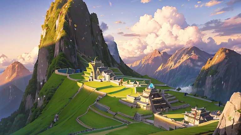 machu picchu background, Inca platforms for crops, consistent style, children's book style, simple, fullcolor, 2D background, with background characters from the era without taking center stage, cmain viow Inca platforms for crops, highly detailed,masterpiece,photorealistic,vibrant colors, fantasy, conceptart, old time