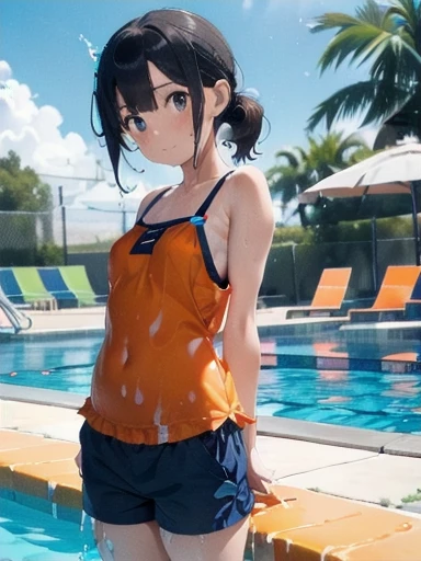 Orange swimsuit((Orange camisole,Navy blue piping),(Soaked with slimy liquid)),(Navy blue shorts),(A pool of slippery lotion),(Soaked with slimy liquid),Black Hair,Are standing,Orange camisole and navy blue shorts swimsuit,Orange top and navy blue bottom swimsuit,