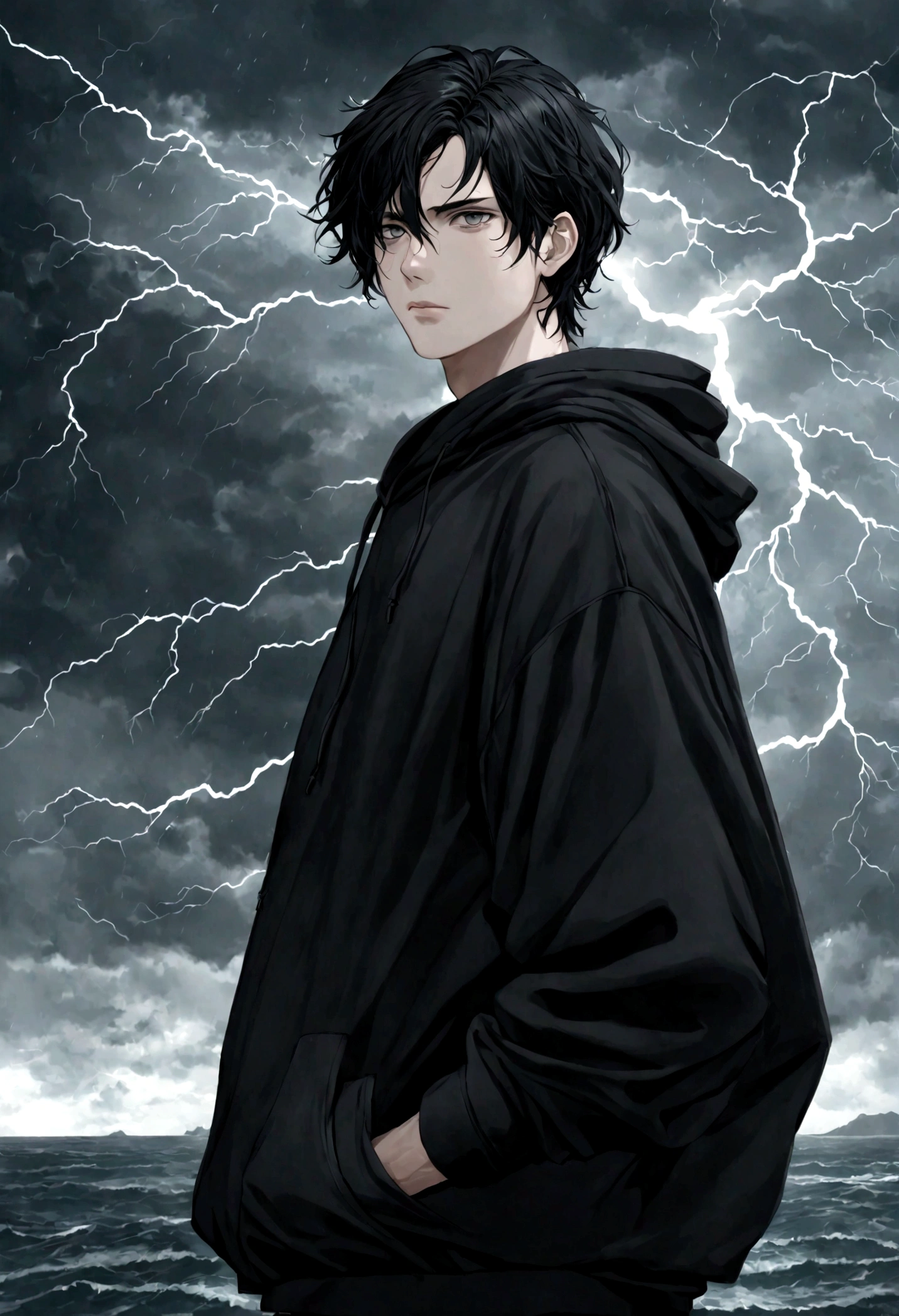 1 guy, black hair slightly curled, oversized black hoodie, pale white skin, hot, cool, storm behind