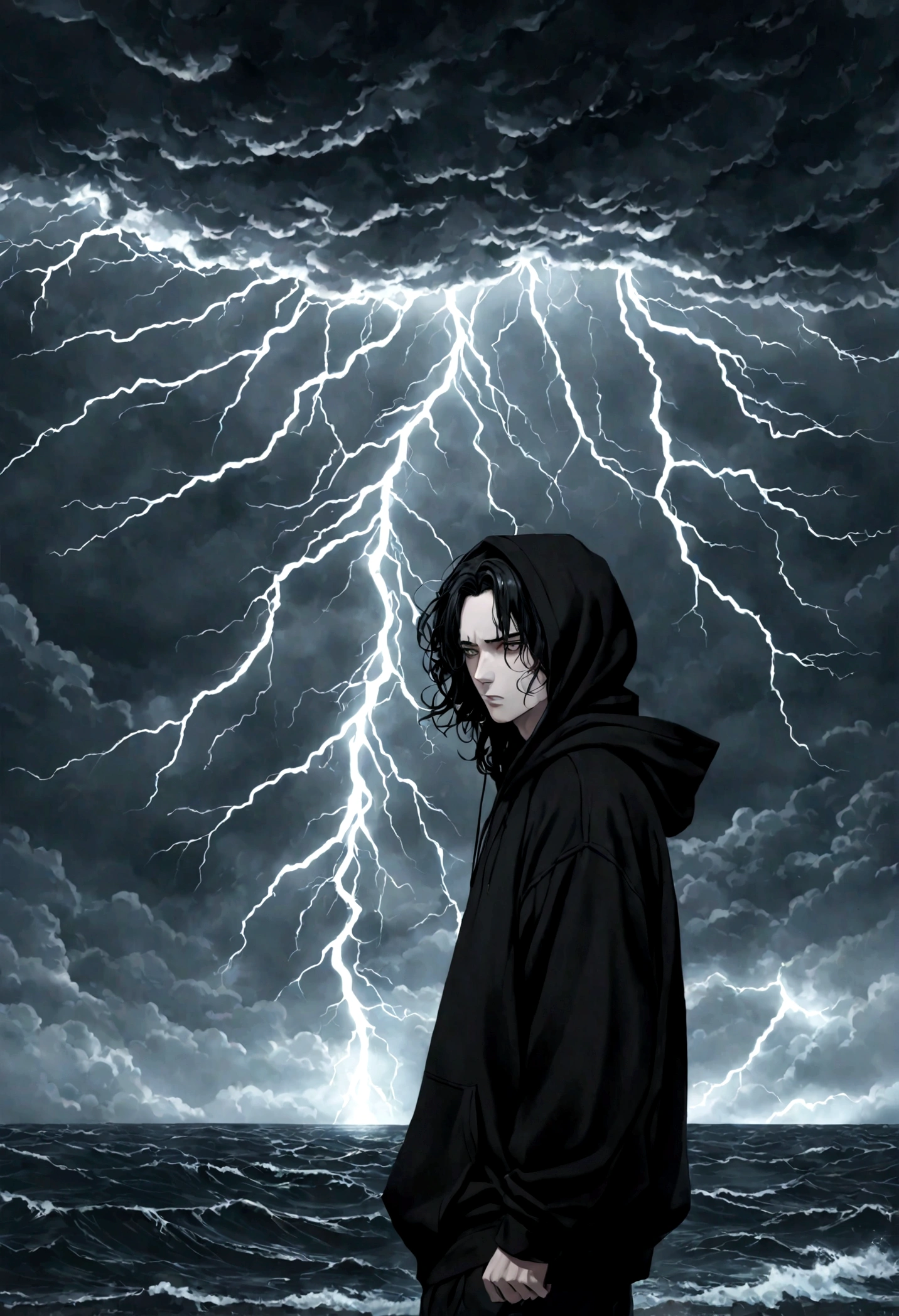 1 guy, black hair slightly curled, oversized black hoodie, pale white skin, hot, cool, storm behind