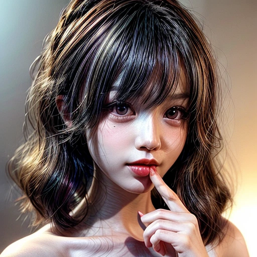 (highest quality,Super detailed,Physically Based Rendering:1.2), (RAW, Realistic, Photorealistic:1.37), (Acutance:0.85),Portraiture,Beautiful young woman with Delicate facial features,Soft lighting, ((Playfully licking finger with tongue, Gently placing a finger in the mouth)), (Close-up shot of sensual lips),Cheeks turn slightly red,A gentle and captivating gaze, cute BabyLike finger . Studio gray background, Light Particles, many blurred colorful Lights (dazzling bokeH) . BREAK . (((NOGIZAKA face variations)))  Extremely Detailed very KAWAII face variations, elaborate detailed Eyes with (sparkling highlights:1.2), (Voluminous long eyelashes:0.9)、Glossy RED Lips with beautiful details, Coquettish tongue, Rosy cheeks, Radiant PearlSkin with clear transparency, (Natural:0.7) Detailed FlawlessSkin with glowing DowneyHair . { (Dynamic LifeLike expressions) | :d) }, (large eyes:-1) . mouth_hold, ((Different types of unique hair color)), 