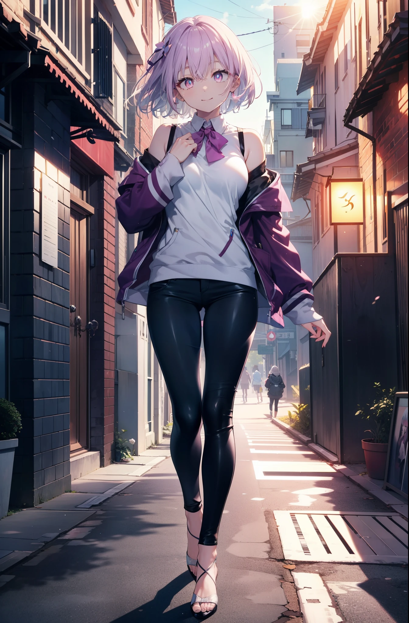 akaneshinjou, shinjou akane, Light purple hair, (Pink Eyes:1.2), short hair,hair band,Cold shoulder tops,skinny pants,Stiletto heels,walking,morning,morning陽,The sun is rising,whole bodyがイラストに入るように,happy smile, smile, Close your mouth,
break looking at viewer,whole body, break outdoors ,Residential Street, break (masterpiece:1.2), highest quality, High resolution, unity 8k wallpaper, (shape:0.8), (Beautiful and beautiful eyes:1.6), Highly detailed face, Perfect lighting, Extremely detailed CG, (Perfect hands, Perfect Anatomy),