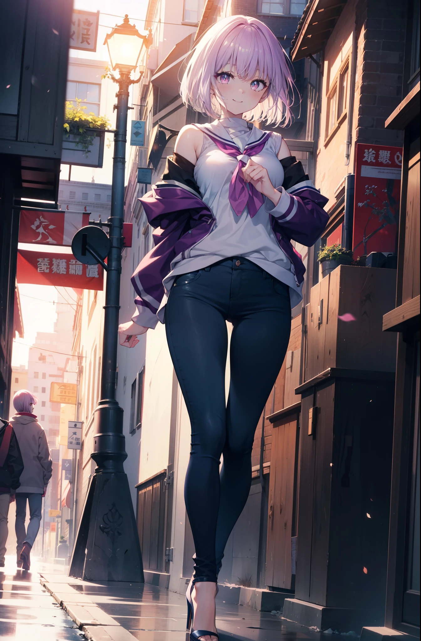 akaneshinjou, shinjou akane, Light purple hair, (Pink Eyes:1.2), short hair,hair band,Cold shoulder tops,skinny pants,Stiletto heels,walking,morning,morning陽,The sun is rising,whole bodyがイラストに入るように,happy smile, smile, Close your mouth,
 break looking at viewer,whole body,               　　　　　　　 break outdoors ,Residential Street, 　　　　　　　　　　　break (masterpiece:1.2), highest quality, High resolution, unity 8k wallpaper, (shape:0.8), (Beautiful and beautiful eyes:1.6), Highly detailed face, Perfect lighting, Extremely detailed CG, (Perfect hands, Perfect Anatomy),