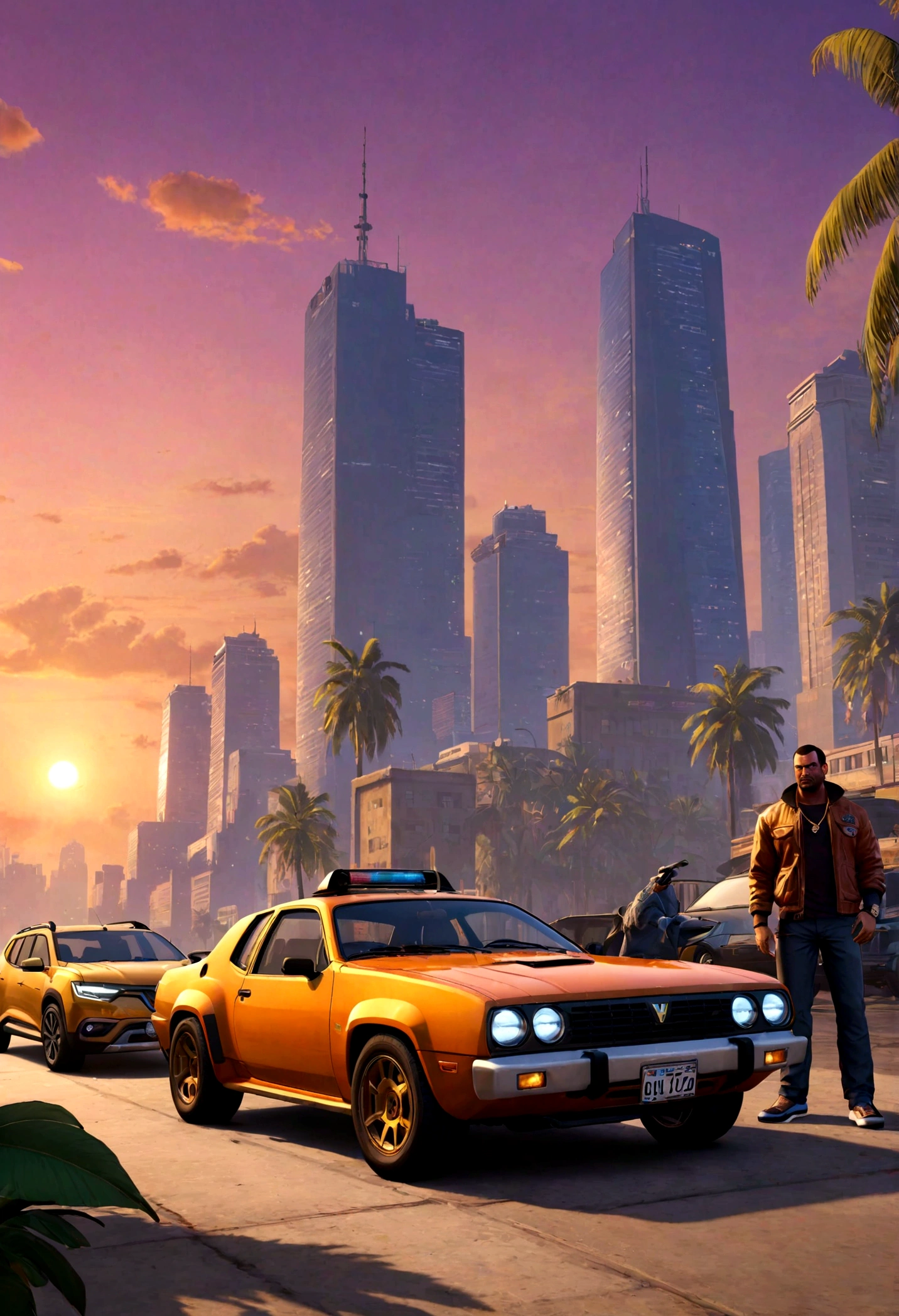 "Create an image that captures the essence of the Grand Theft Auto VI (GTA 6) game, featuring a cityscape at sunset, a sub, golden renault duster 2023 model, chase with a sports car, and, characters in vivid colors, a couple posing in front of the vehicle, palms in in the background. The game's logo should be prominently displayed."