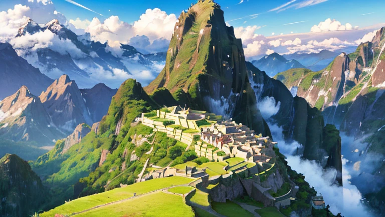machu picchu background, Inca platforms for crops, consistent style, children's book style, simple, fullcolor, 2D background, with background characters from the era without taking center stage, cmain viow Inca platforms for crops, highly detailed,,vibrant colors, fantasy, conceptart, old time, mountains