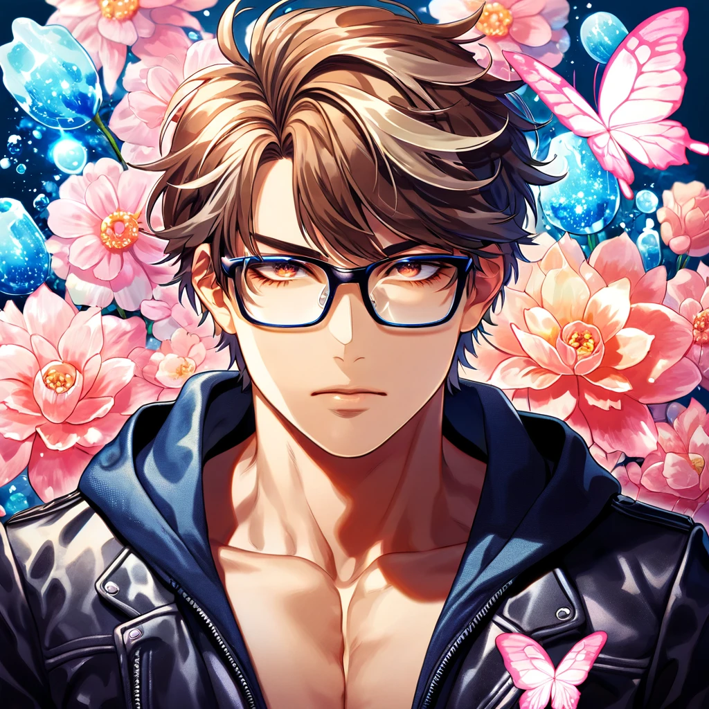 absurdres, highres, ultra detailed, HDR, master piece, best quality, extremely detailed face, delicated features, Miyuki Kazuya, brown hair, messy and windswept, expressive amber eyes, glasses with black frames, Diamond No Ace, solo, sexy man, handsome, toned chest, black hoodie, black leather jacket, water, blossoms, pink flowers, pink butterflies, fantasy, magic, radiant