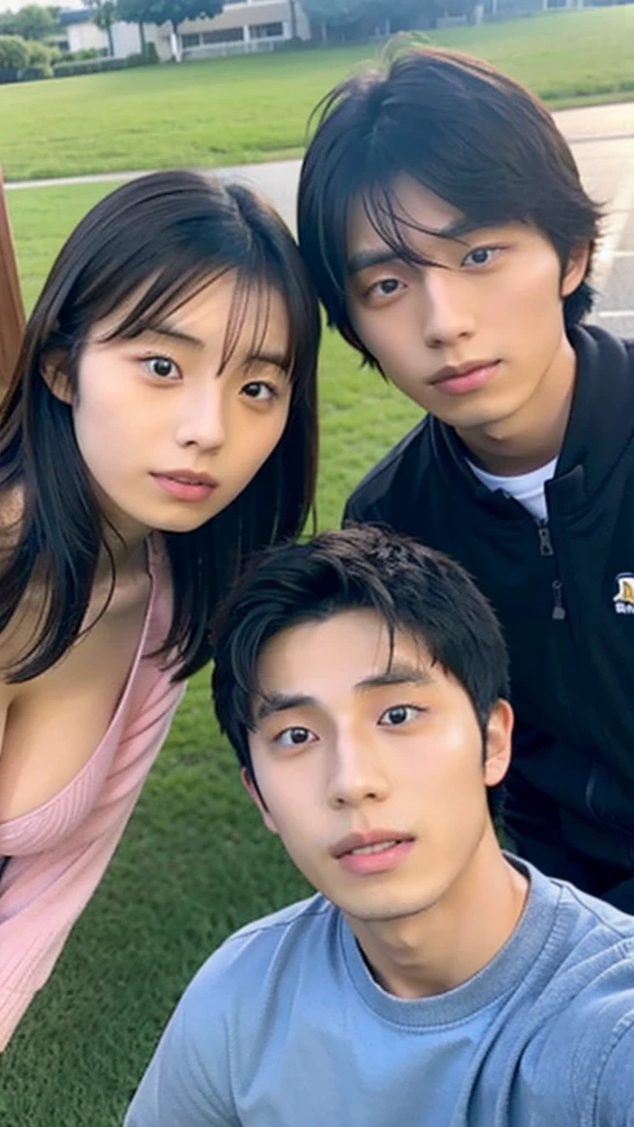 Hina Kikuchi taking a selfie with a Japanese male college student , Handsome college student with black hair and a center part