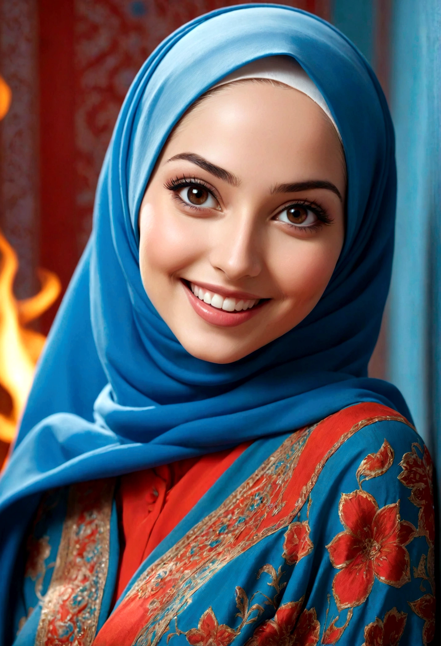 A beautiful girl with a hijab muslimah is the central figure in this image, beauty white skin, A woman with a hijab, beauty white skin, smiling happy, open mouth, exuding serene confidence with her gaze directed off to the side. She's adorned in a dress that contrasts with her hijab, against a background of fiery red and cool blue hues. indoor modern home background.