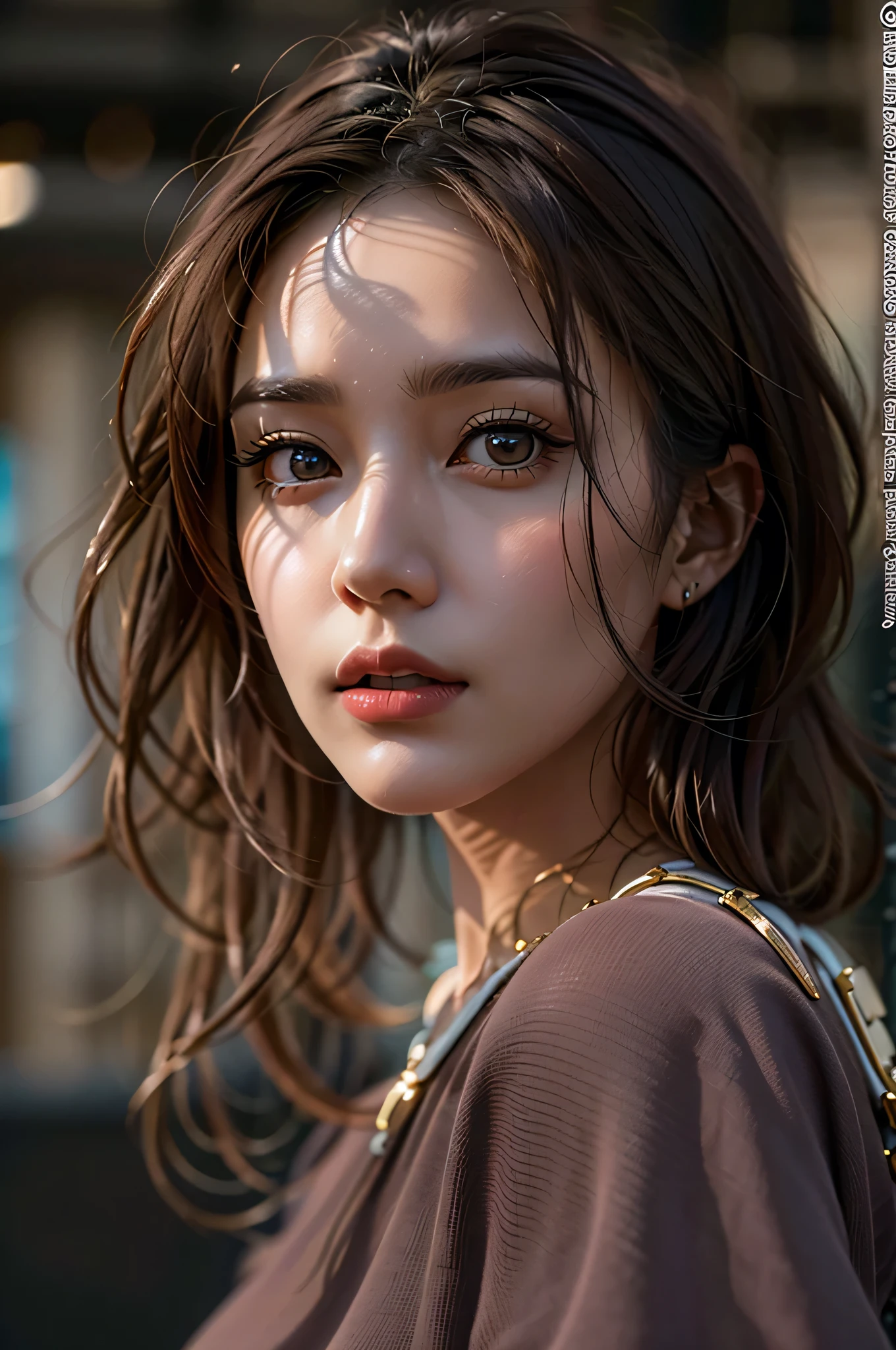 photorealistic Realism 8K, 16K, Quality: (incredibly absurd quality, extremely details, Ultra resolution, clear sharp focus, not blurry, Realistic brown_eyes), ((perfect dark_eyeshadows:1.45)), (super Detailed, beautiful little nose:1.2), (perfect composition), (upper body shot), beautiful cheekbones, double eyelids, dslr, best high quality soft lighting, sharp focus captured by Fujifilm XT3, f 5.6, in a dramatic lighting, ((perfect composition)), ((pale skin)), ((dry skin)),