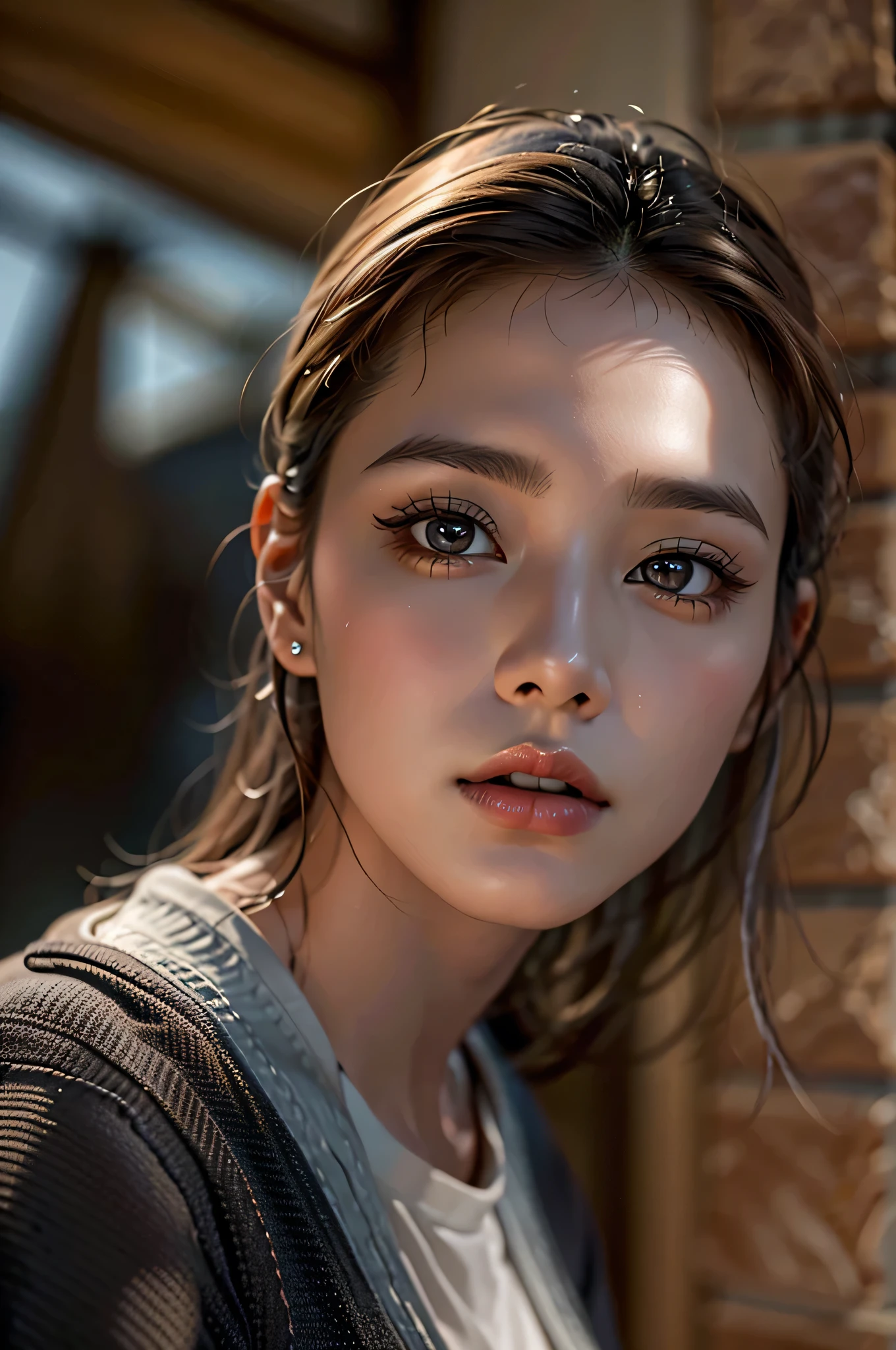 photorealistic Realism 8K, 16K, Quality: (incredibly absurd quality, extremely details, Ultra resolution, clear sharp focus, not blurry, Realistic brown_eyes), ((perfect dark_eyeshadows:1.45)), (super Detailed, beautiful little nose:1.2), (perfect composition), (upper body shot), beautiful cheekbones, double eyelids, dslr, best high quality soft lighting, sharp focus captured by Fujifilm XT3, f 5.6, in a dramatic lighting, ((perfect composition)), ((pale skin)), ((dry skin)),