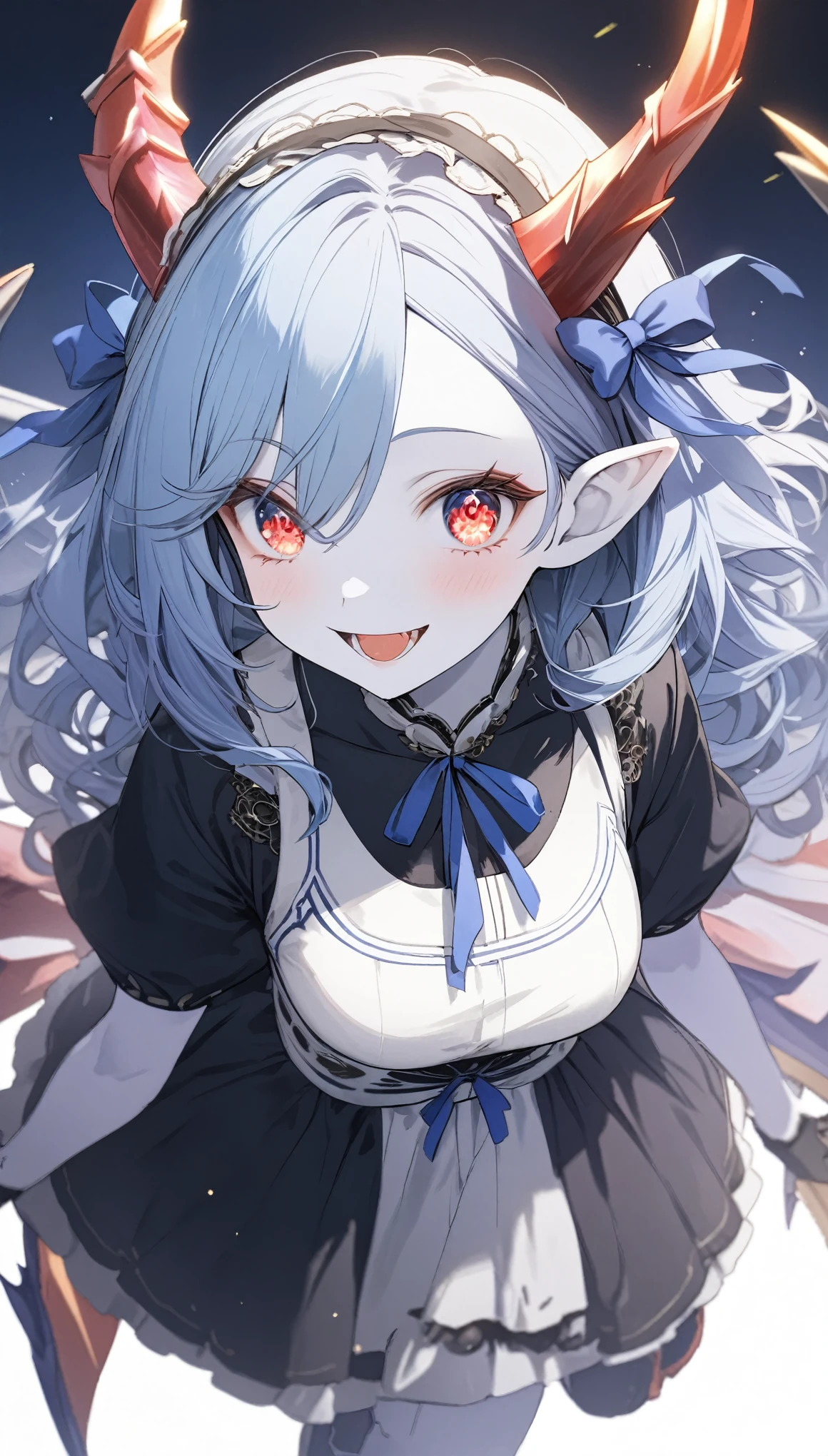 score_9, score_8_up, score_7_up, best quality ,masterpiece, 4k, Japanese anime, 1girl, (white skin:1.2), navy blue hair, medium length hair, blue ribbon, drill hair, wavy hair, (mechanical dragonhorn:1.5), (mechanical wing:1.2), (eye lashes:1.3), (eye shadow:1.3), red eyes, (beautiful detailed eyes:1.4), laugh, 130cm tall, original character, fantasy, (white background:1.2), (full body:1.8), beautiful fingers, standing, (red lace frill dress:1.5), (mechanical headdress:1.5) , shoot from front, looking at viewer ,