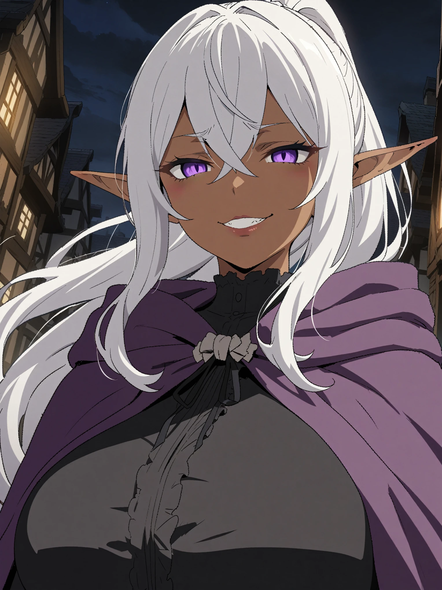 {{Portrait, dutch angle}} {{Artist: Sincos}} 1girl, elf, mature female, solo, dark-skinned female, silver hair, long hair, purple eyes, lips,, black victorian dress, ponytail, crossed bangs, purple cloak, huge breasts, evil smile, outdoors, town, night, looking at viewer, facing viewer, medieval fantasy, (best quality, highres).