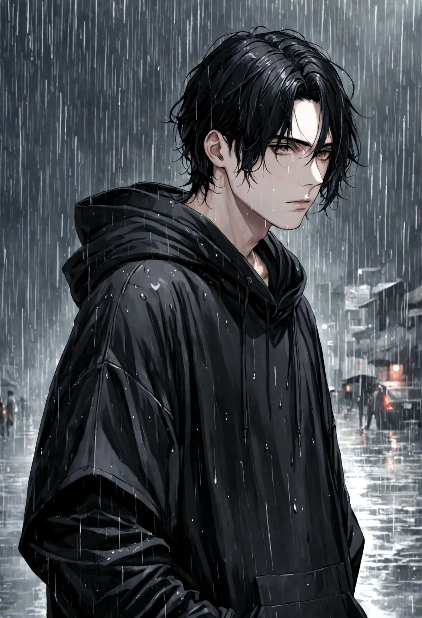 1 guy, black hair slightly curled, oversized black hoodie, pale white skin, brown eyes, hot, cool, standing in the rain