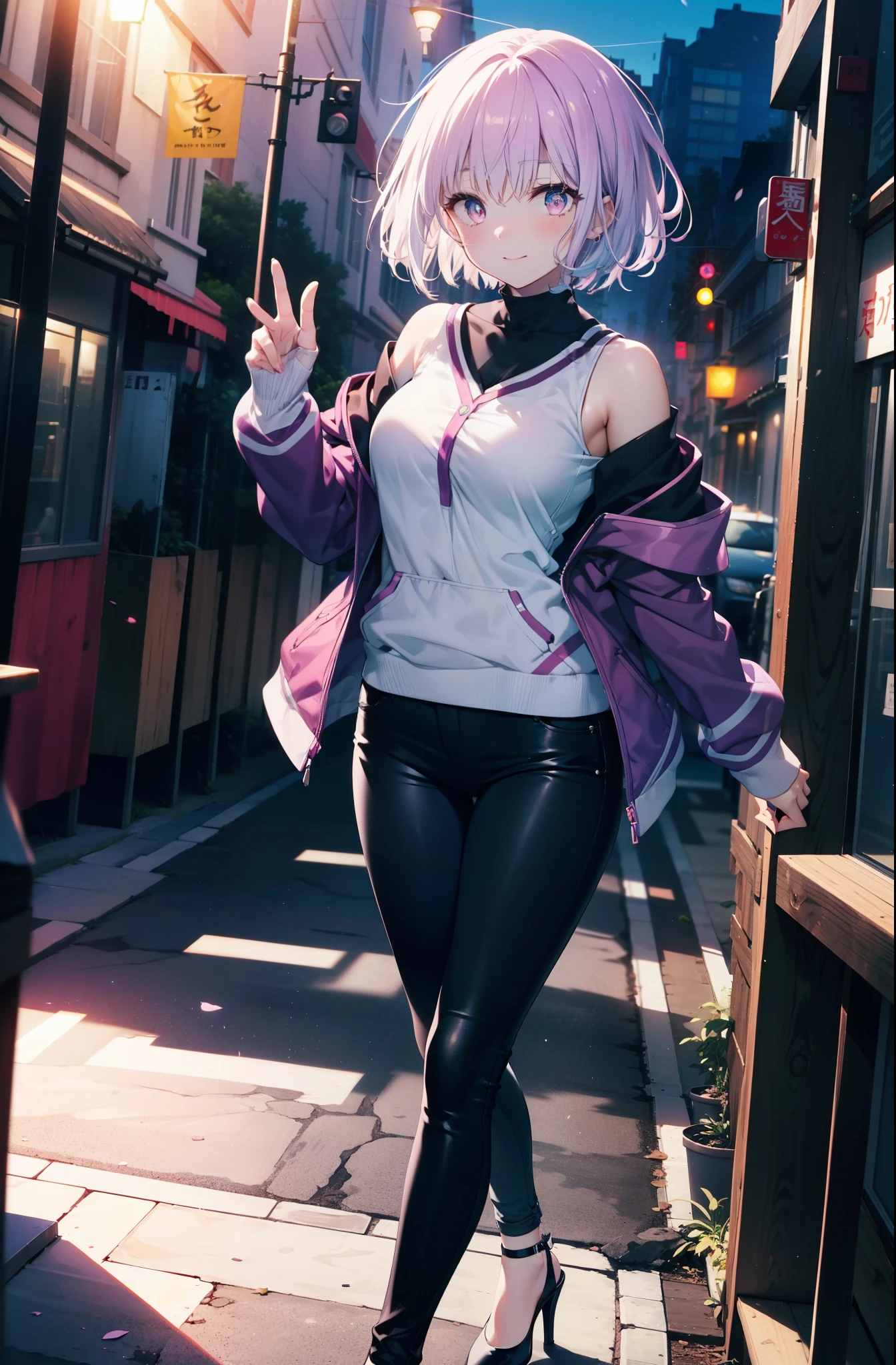 akaneshinjou, shinjou akane, Light purple hair, (Pink Eyes:1.2), short hair,hair band,Cold shoulder tops,skinny pants,Stiletto heels,walking,morning,morning陽,The sun is rising,whole bodyがイラストに入るように,happy smile, smile, Close your mouth,
 break looking at viewer,whole body,               　　　　　　　 break outdoors ,Residential Street, 　　　　　　　　　　　break (masterpiece:1.2), highest quality, High resolution, unity 8k wallpaper, (shape:0.8), (Beautiful and beautiful eyes:1.6), Highly detailed face, Perfect lighting, Extremely detailed CG, (Perfect hands, Perfect Anatomy),