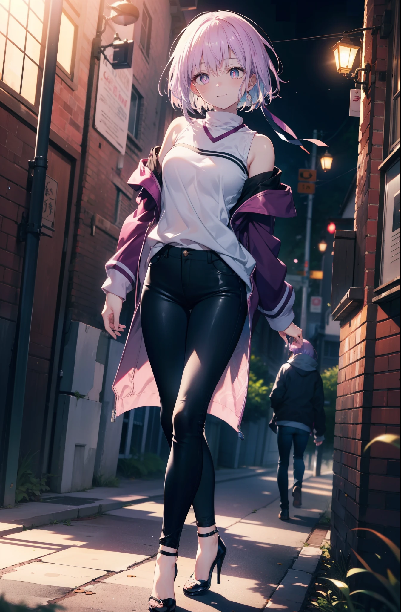 akaneshinjou, shinjou akane, Light purple hair, (Pink Eyes:1.2), short hair,hair band,Cold shoulder tops,skinny pants,Stiletto heels,walking,morning,morning陽,The sun is rising,whole bodyがイラストに入るように,happy smile, smile, Close your mouth,
 break looking at viewer,whole body,               　　　　　　　 break outdoors ,Residential Street, 　　　　　　　　　　　break (masterpiece:1.2), highest quality, High resolution, unity 8k wallpaper, (shape:0.8), (Beautiful and beautiful eyes:1.6), Highly detailed face, Perfect lighting, Extremely detailed CG, (Perfect hands, Perfect Anatomy),