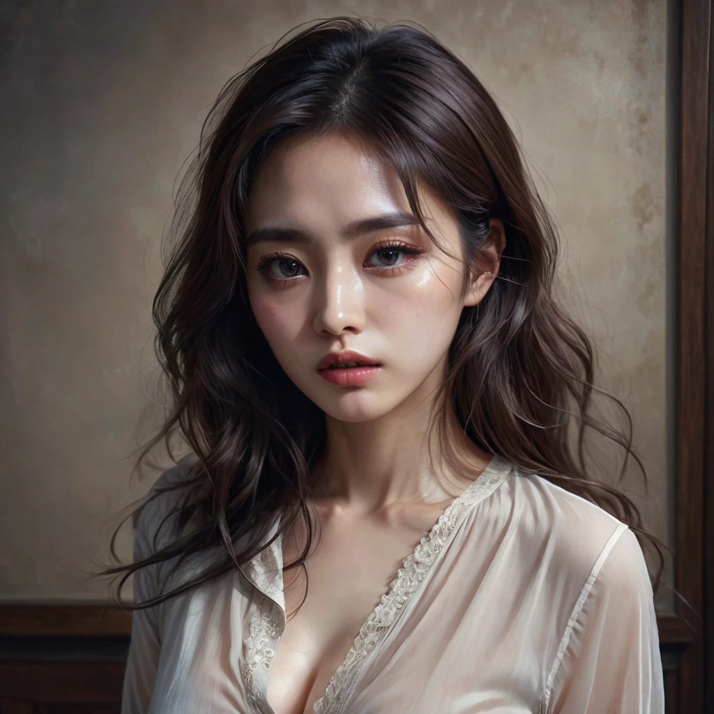 Full body portrait、a woman suffering from sex addiction, beautiful detailed eyes, beautiful detailed lips, extremely detailed eyes and face, long eyelashes, melancholic expression, disheveled hair, partially open blouse, sensual pose, moody lighting, dramatic chiaroscuro, cinematic composition, muted color palette, oil painting, masterpiece, 8k, high-quality, photorealistic, hyper-detailed, intricate details, dramatic lighting, emotional, melancholy, intimate