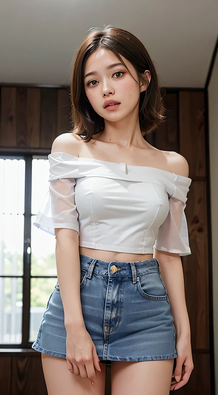 (8k,RAW Photos、RAW Photos、highest quality、masterpiece:1.2)、1girl、1Middle-aged men、Very detailed、Super Resolution、(Realistic:1.3)、((Shoot from below)),((Cowboy Shot:1.4))、((Long hair girl:1.5))、Sharp depiction of light and shadow、High-resolution RAW color photos、Professional photos、(((Empty room:1.4)))、((Short sleeve shirt:1.5))、Drawing faithful to anatomy、Very detailed and beautiful、super high quality、((Girl with straight medium-long hair:1.4))、((A girl standing with a sad expression:1.4))、((Ultra-thin white short-sleeved off-the-shoulder shirt:1.4))、((Lightweight white short-sleeved off-the-shoulder chiffon shirt:1.4))、((Nipples See through:1.4))、((A denim mini skirt that accentuates your thighs:1.4))、Upper Body、See through:1.7、