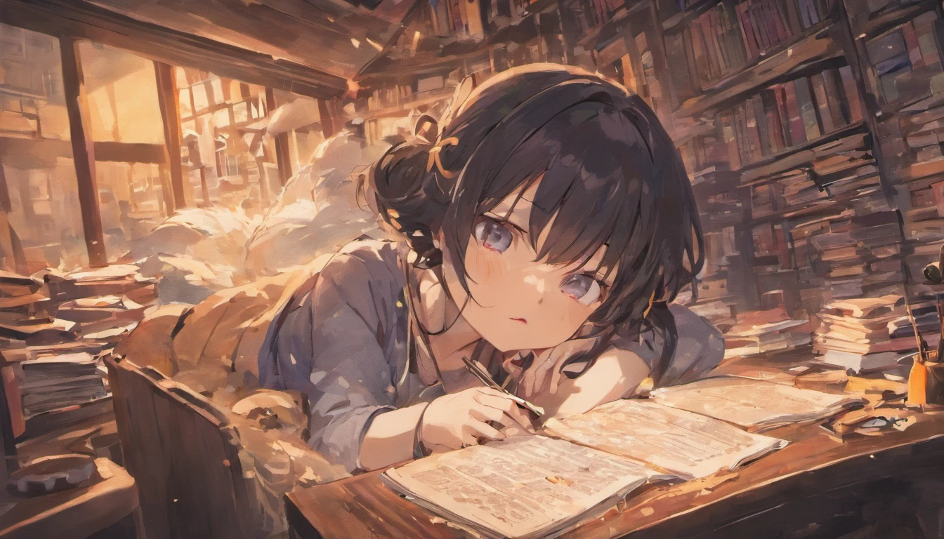 (A room with a messy desk and books. Lying in bed、Anime illustration of a black-haired girl sleeping with headphones on and her chin resting on them while listening to music、Dark Eyes、Japanese