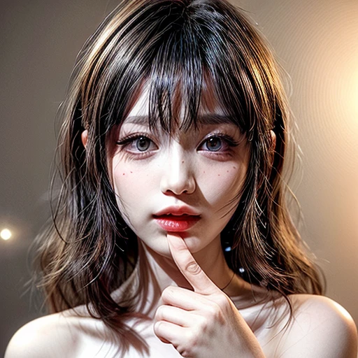 (highest quality,Super detailed,Physically Based Rendering:1.2), (RAW, Realistic, Photorealistic:1.37), (Acutance:0.85),Portraiture,Beautiful young woman with Delicate facial features,Soft lighting, ((Playfully licking finger with tongue, Gently placing a finger in the mouth)), (Close-up shot of sensual lips),Cheeks turn slightly red,A gentle and captivating gaze, cute BabyLike finger . Studio gray background, Light Particles, many blurred colorful Lights (dazzling bokeH) . BREAK . (((NOGIZAKA face variations))) Extremely Detailed very KAWAII face variations, elaborate detailed Eyes with (sparkling highlights:1.2), (Voluminous long eyelashes:0.9)、Glossy RED Lips with beautiful details, Coquettish tongue, Rosy cheeks, Radiant PearlSkin with clear transparency, (Natural:0.7) Detailed FlawlessSkin with glowing DowneyHair . { (Dynamic LifeLike expressions) | :d) }, (large eyes:-1) . mouth_hold, ((Different types of unique hair style and color)),