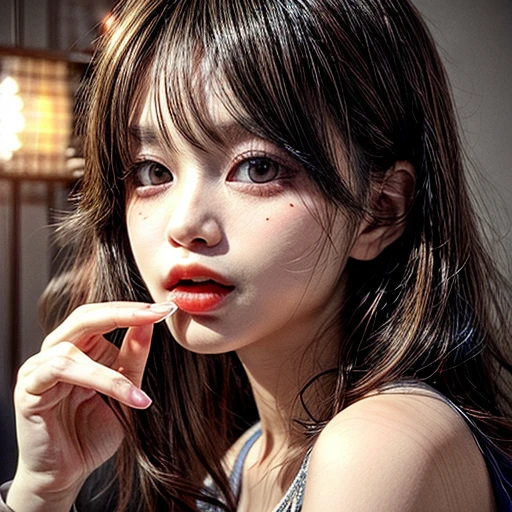 (highest quality,Super detailed,Physically Based Rendering:1.2), (RAW, Realistic, Photorealistic:1.37), (Acutance:0.85),Portraiture,Beautiful young woman with Delicate facial features,Soft lighting, ((Playfully licking finger with tongue, Gently placing a finger in the mouth)), (Close-up shot of sensual lips),Cheeks turn slightly red,A gentle and captivating gaze, cute BabyLike finger . Studio gray background, Light Particles, many blurred colorful Lights (dazzling bokeH) . BREAK . (((NOGIZAKA face variations))) Extremely Detailed very KAWAII face variations, elaborate detailed Eyes with (sparkling highlights:1.2), (Voluminous long eyelashes:0.9)、Glossy RED Lips with beautiful details, Coquettish tongue, Rosy cheeks, Radiant PearlSkin with clear transparency, (Natural:0.7) Detailed FlawlessSkin with glowing DowneyHair . { (Dynamic LifeLike expressions:1.4) | :d) }, (large eyes:-1) . mouth_hold, { PureWhitehair | PinkHair | BlueHair | RedHair },