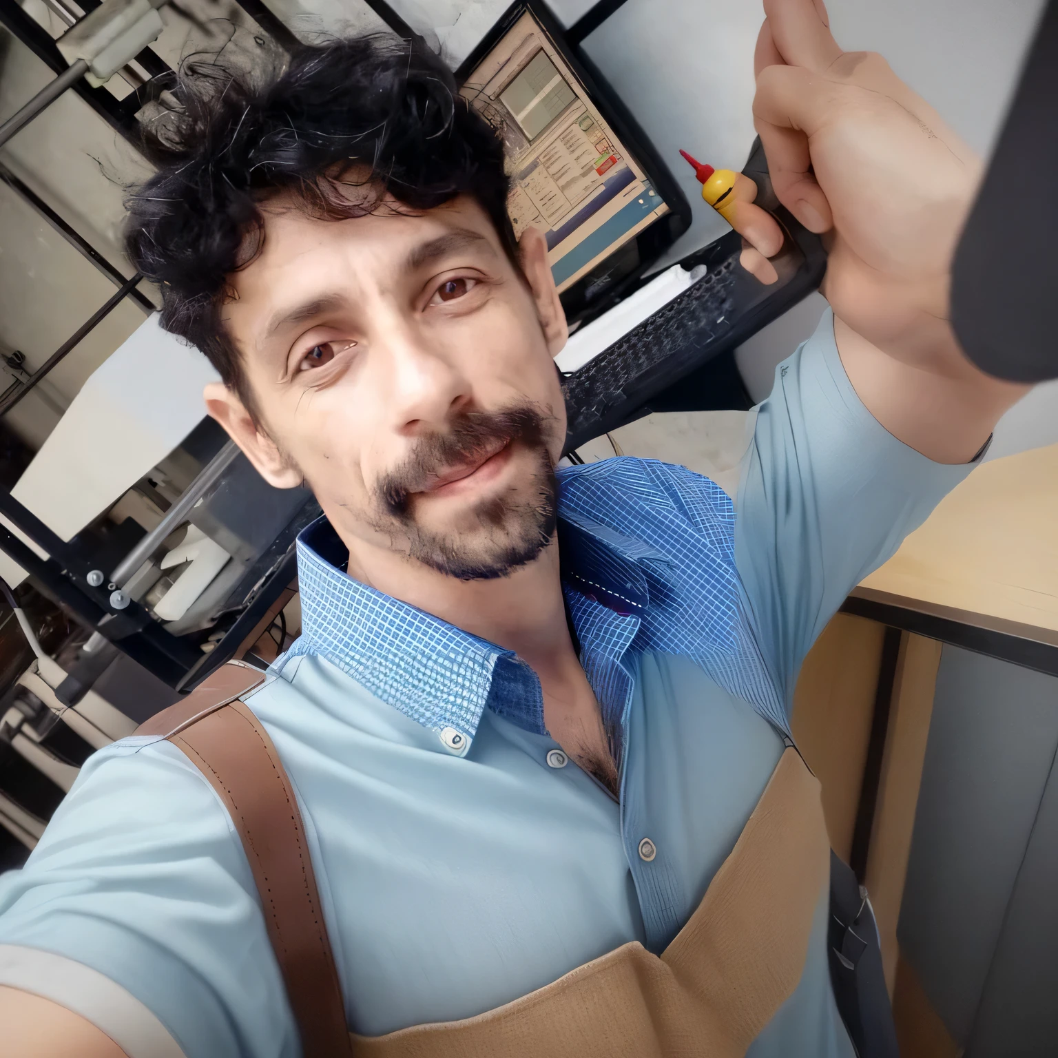 There's a man with a mustache and a blue shirt, sem barba and mustache, Fotografia selfie 8k, imagem de qualidade muito baixa, Homem de 4 0 anos, com bigode aparado, carregado, professional imagem de perfilture, cerca de 3 5 anos, imagem de perfil, david rios ferreira, com uma pequena barba, sem barba, Michael Vicente, José Miguel remains French