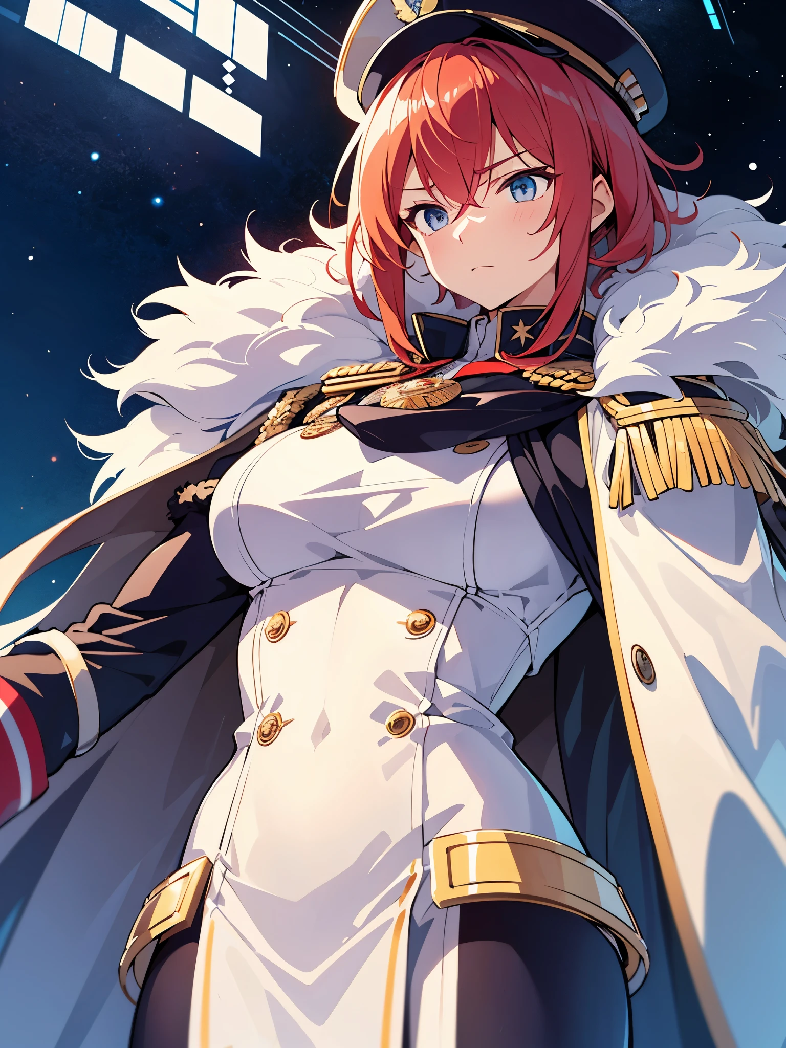 Futuristic space station, red hair, messy tomboyish hair, captain’s hat, towering female, manly, buff, bulky body, broad shoulder cape, fur coat, white naval uniform, arm braces, cocky expression, overconfident, looking down at