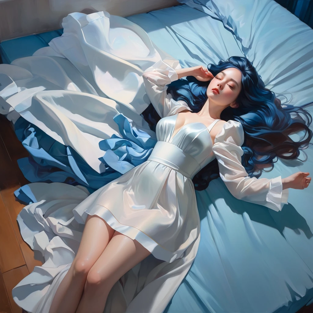 painting of a woman laying on a bed with a white and blue dress, wlop jeremy lipkin, ross tran 8 k, artgerm julie bell beeple, james jean and wlop, wlop art, rhads and lois van baarle, art of wlop, wlop |, artgerm and james jean