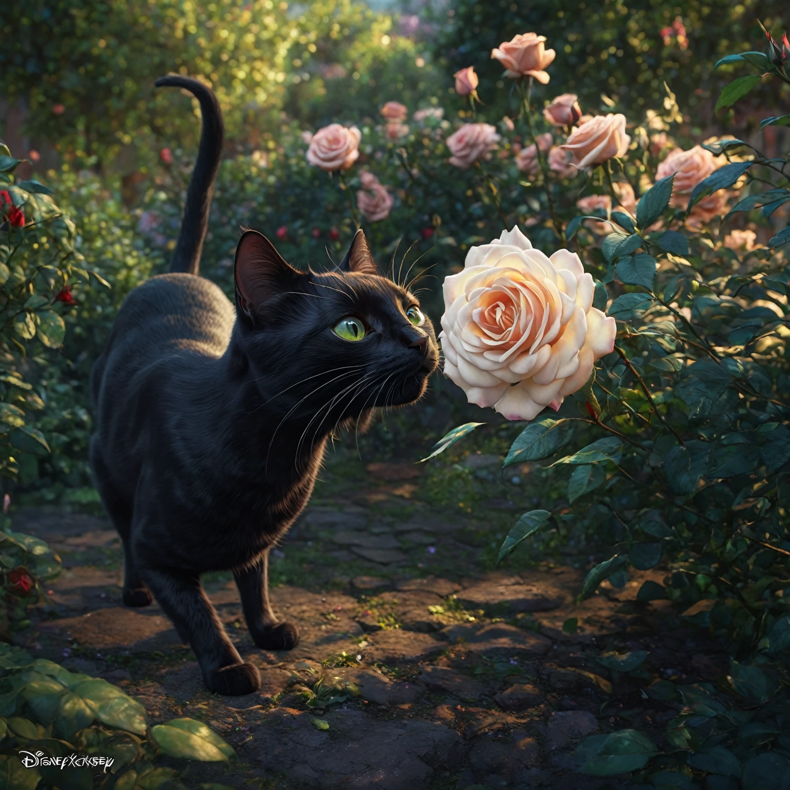 there is a black cat standing in a garden with a rose, adorable digital painting, photorealistic disney, beautiful digital artwork, ultra realistic 3d illustration, by Alexander Kucharsky, 🌺 cgsociety, realistic fantasy render, highly realistic photo, ultra realistic picture, photorrealistic concept art, realistic picture, beautiful realistic photo, realistic art, highly realistic digital art