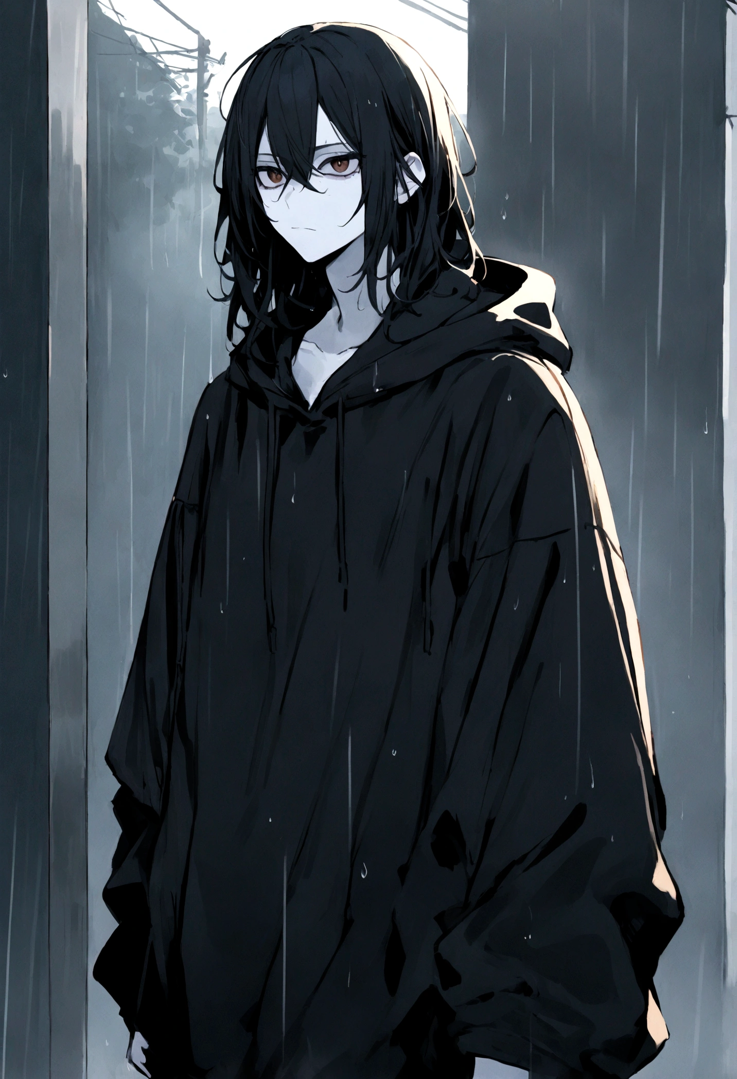 1 guy, black hair slightly curled, medium length hair, oversized black hoodie, pale white skin, brown eyes, hot, cool, standing in the rain