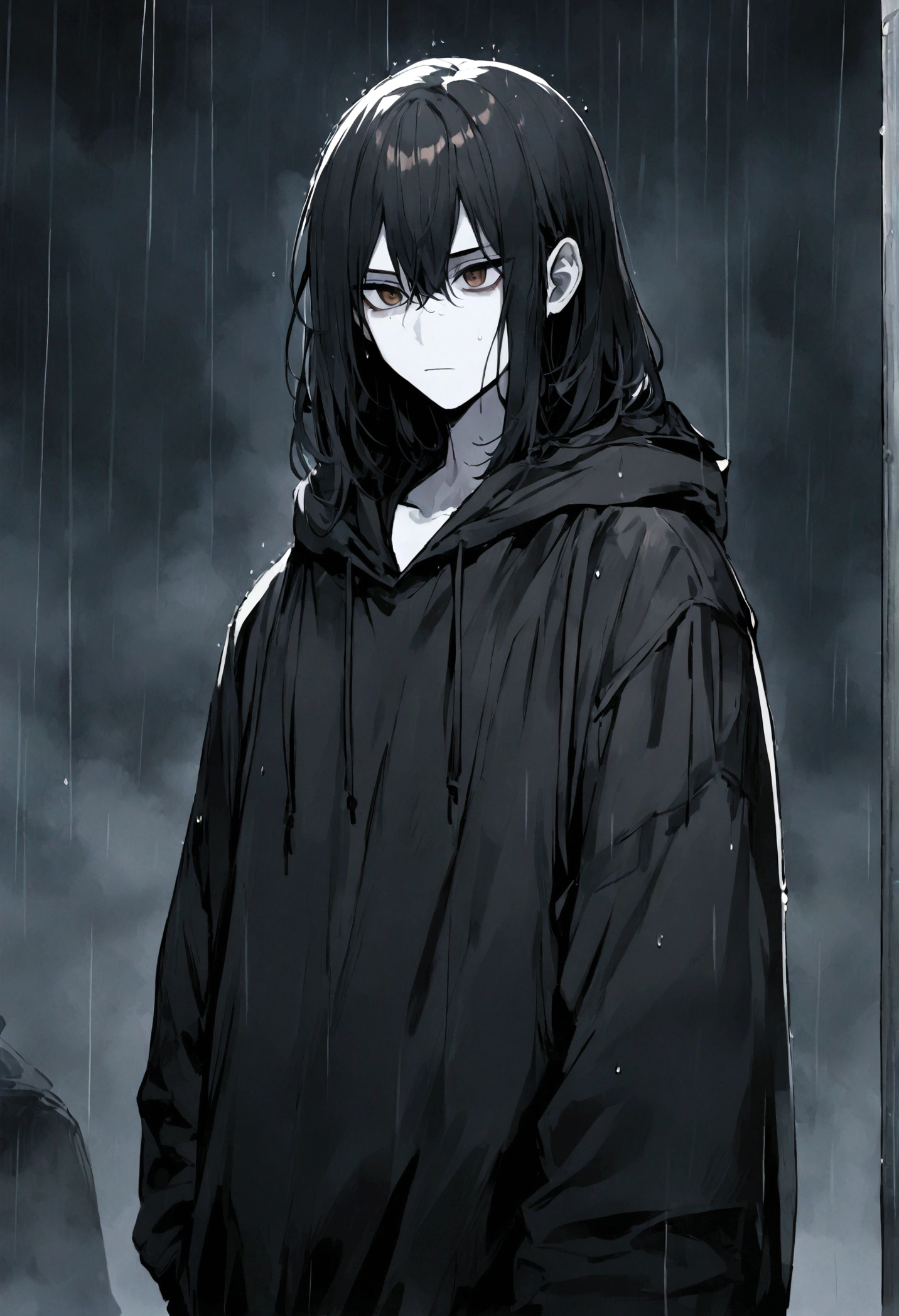 1 guy, black hair slightly curled, medium length hair, oversized black hoodie, pale white skin, brown eyes, hot, cool, standing in the rain