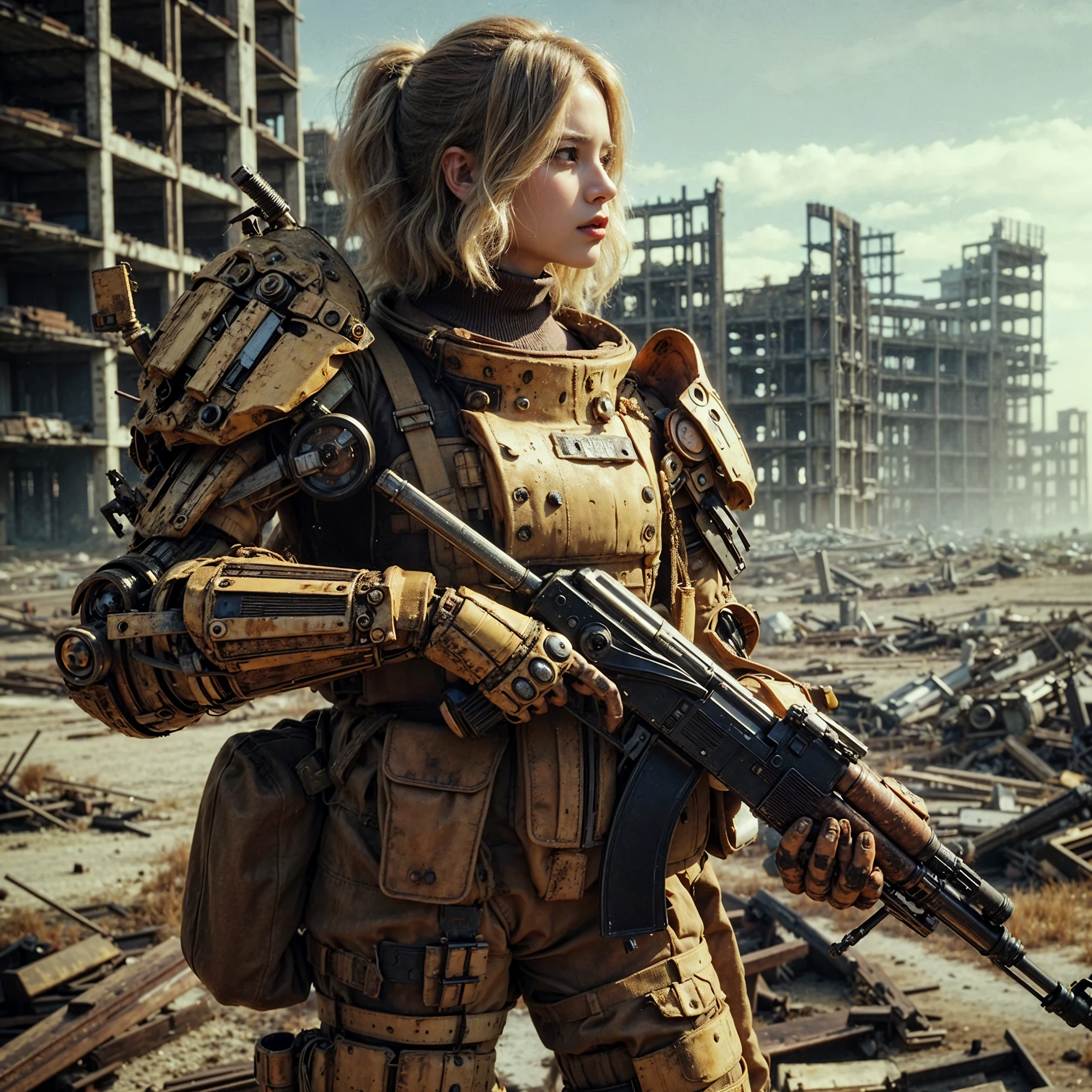 superrealism, ultra high res,8k,(Photorealsitic:1.4), (1950s-like mechanical suit:1.2), Collapsed Cities, heavy weapons,vivid textures,animal legs, gradation hair, Russian female soldier,(ultra beautiful face),((super realistic all textures)), ((super intricate all details)), full body shot, ultra sharp photo result, Olive Drab color, scratch, Rust, weathering, steampunk, taken with Fuji film X-T30+Nokton. HDR10,Minimum of 4 pieces created