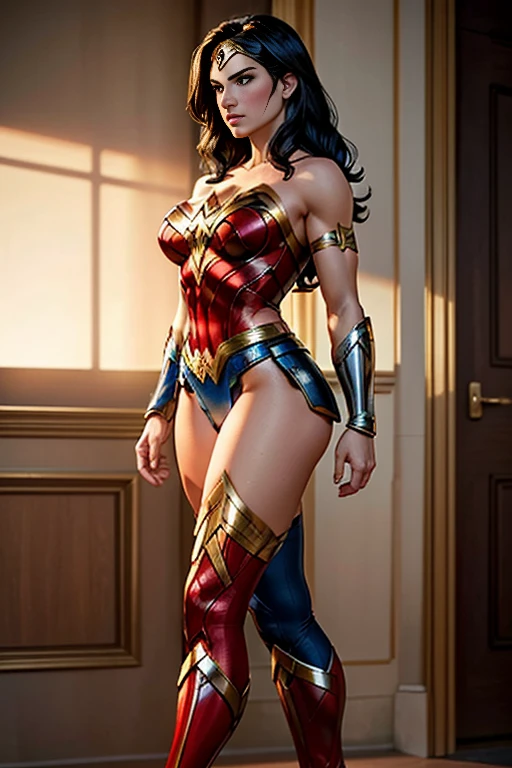 Natural Beauty,(Masterpiece),(Gina Carano),(Accurate Face Proportion),(Wonder Woman Tiara),(Classic Wonder Outfit(red, blue, golden and silver)), Vibrant colour tone,(Full Body View Visible),(Athletic Physique),(Wide Hips),(Toned Arms and Legs), Contemplative Stance with Emphasis on Buttocks: In a relaxed yet thoughtful pose, Wonder Woman’s tight suit outlines the natural curves of her body, focusing on the shape of her buttocks. Her hand on her chin and the other arm crossed over her chest further accentuate the snug fit, highlighting her athletic build.