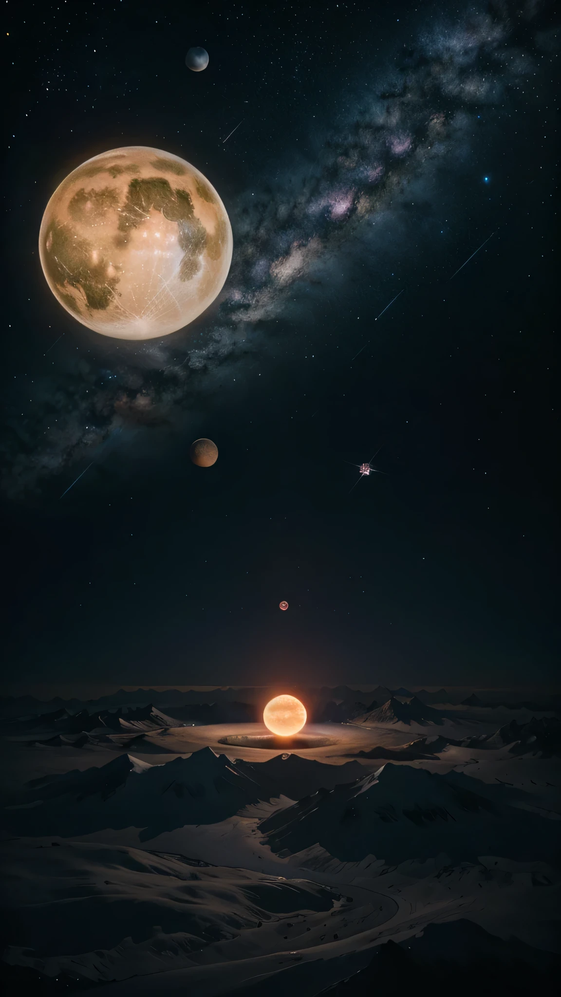 Galaxy with neon style planets in the dark